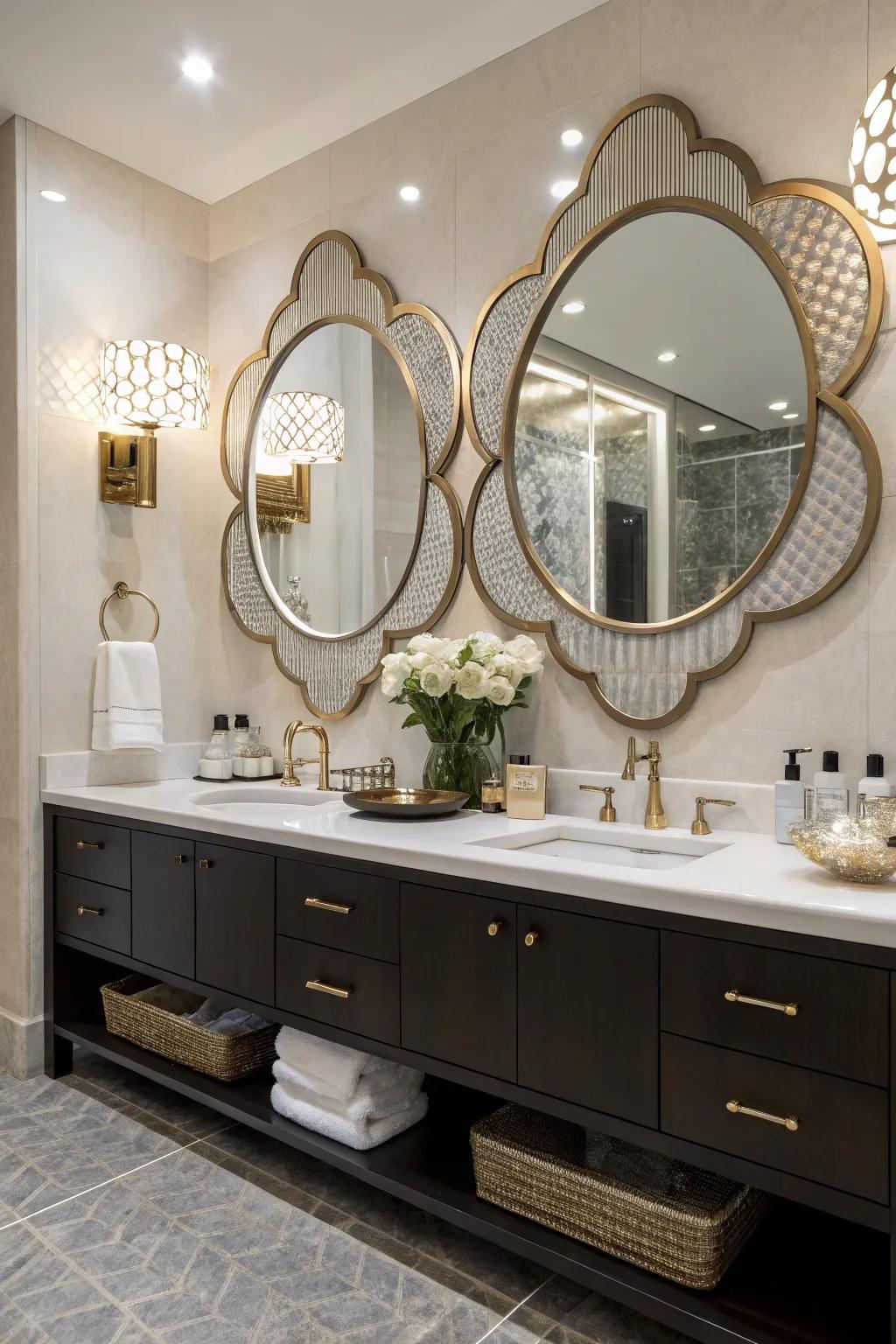 An artistic vanity with creatively shaped mirrors.