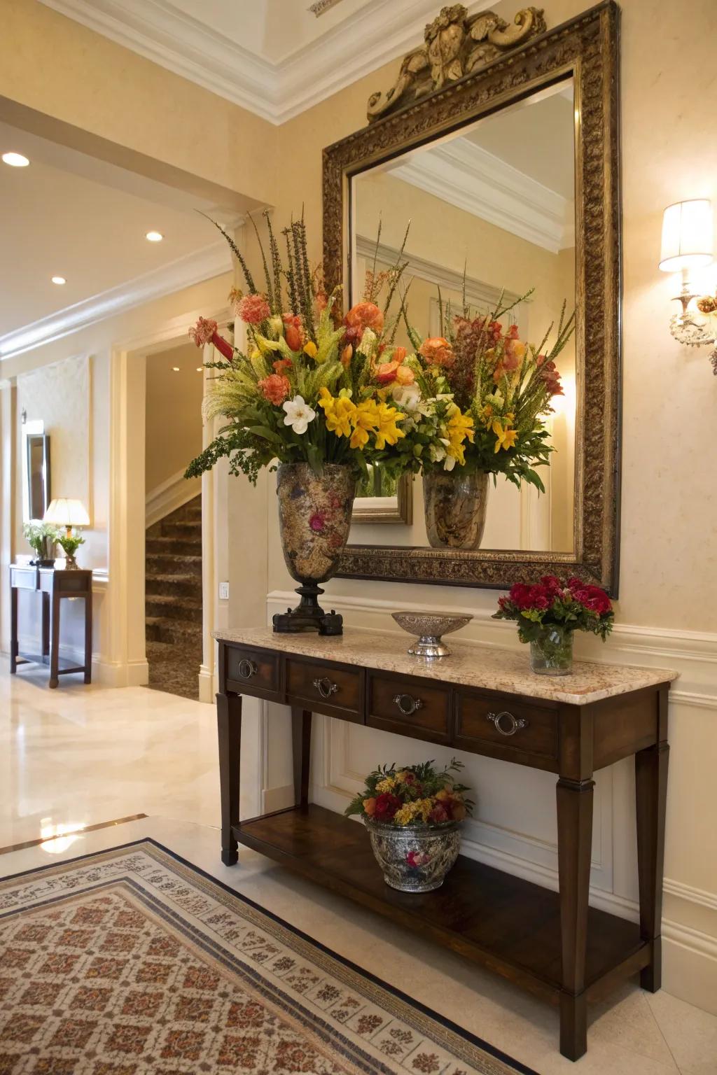 An inviting entrance enriched by a vase and mirror fusion.