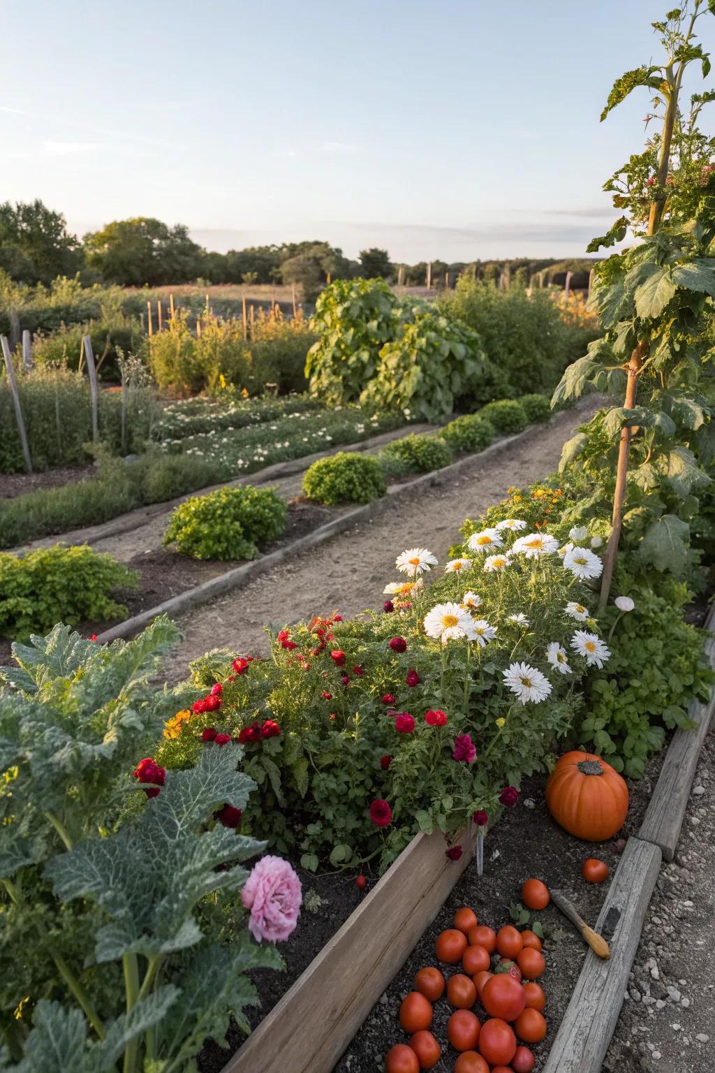 Companion planting with vegetables and flowers enhances garden productivity and beauty.