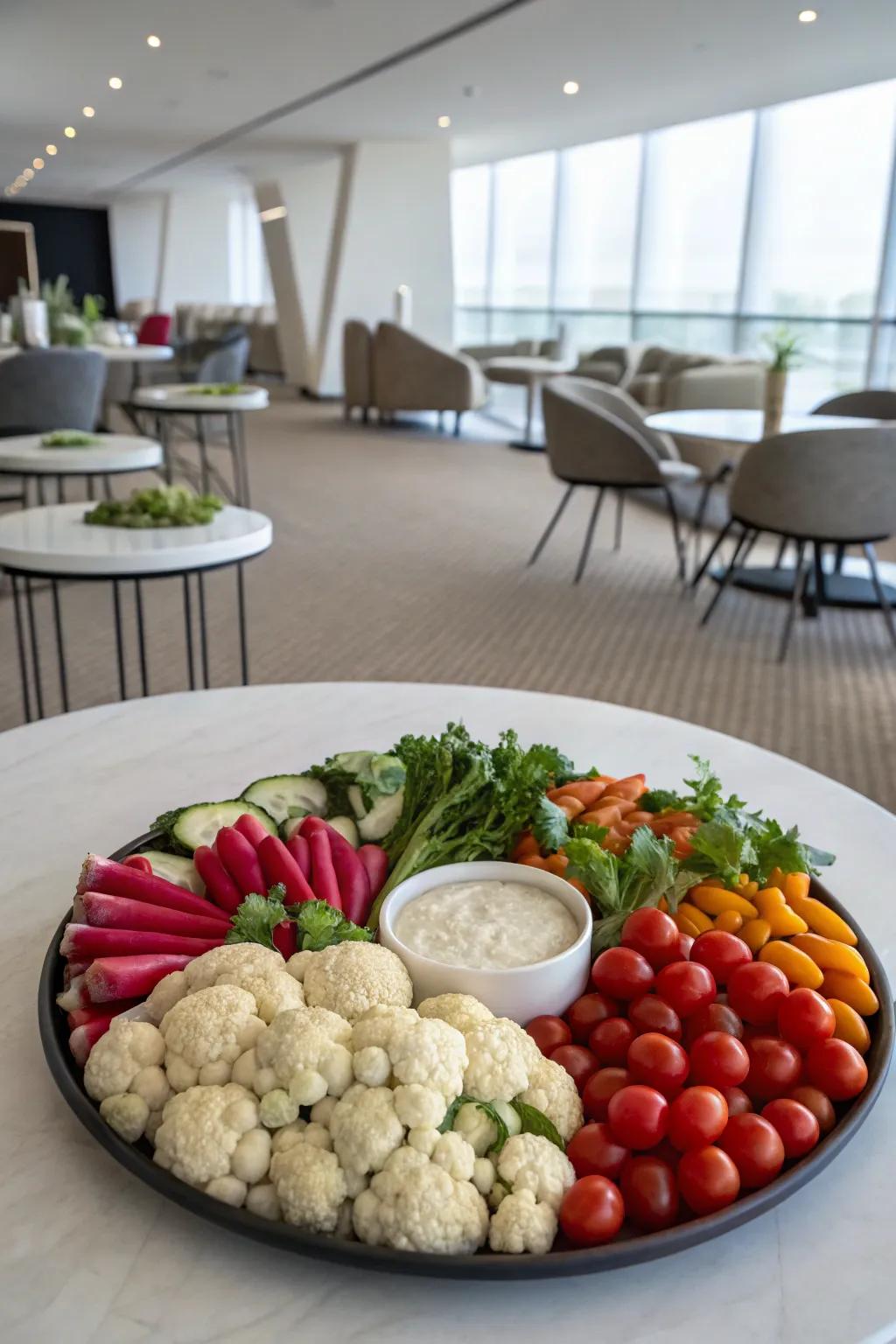 Vegetables artistically arranged in a symmetrical circular pattern.