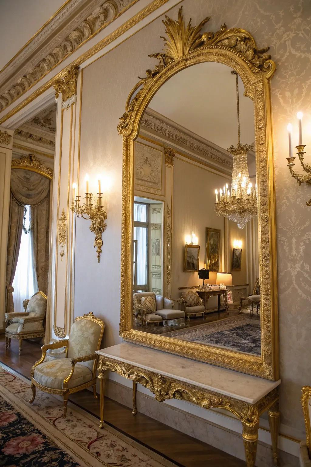 An ornate mirror that enhances the beauty and light of the room.