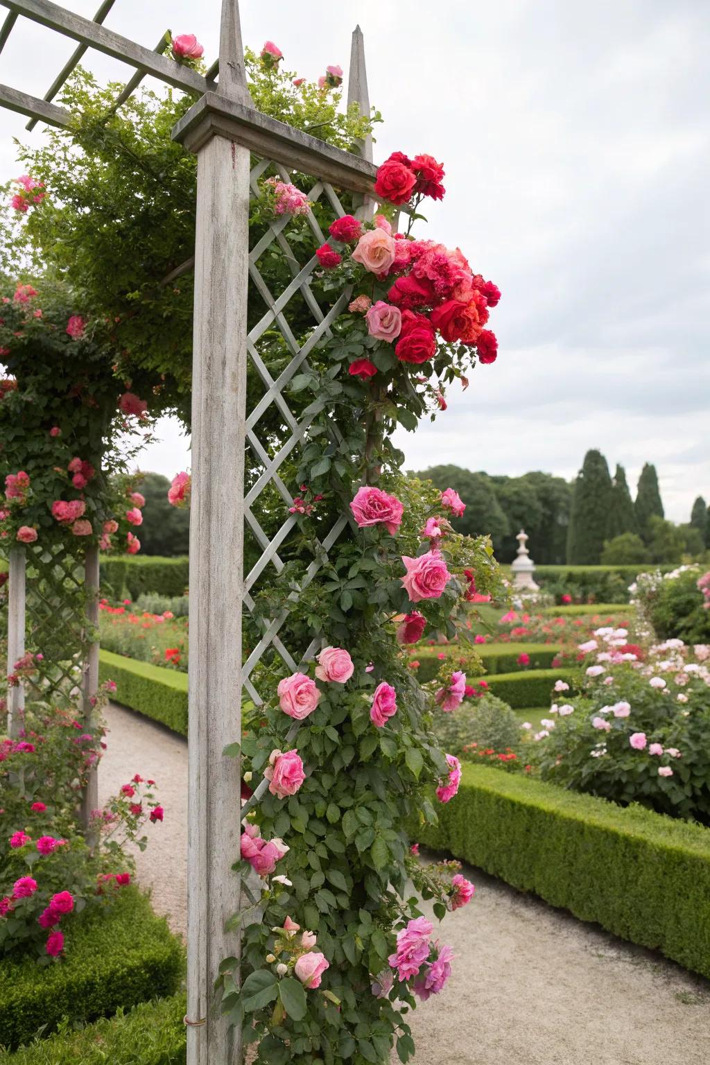An ornamental trellis supporting climbing roses in a garden.