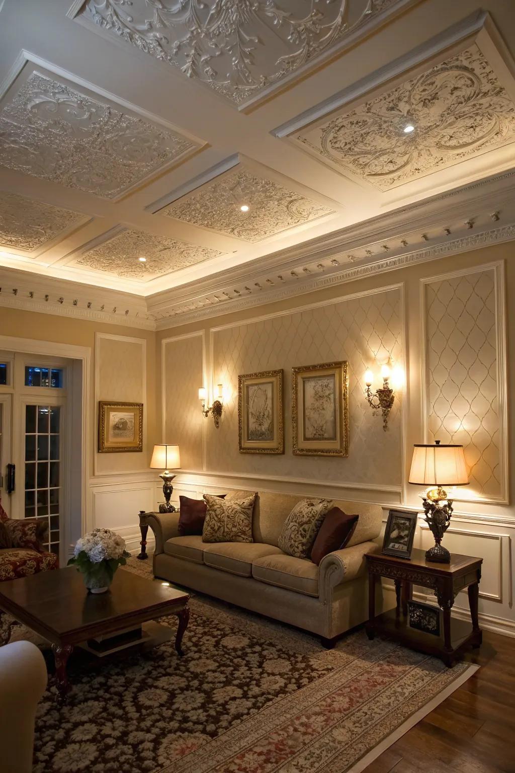 Ornamental moldings contribute historical grace to this Victorian-style space.