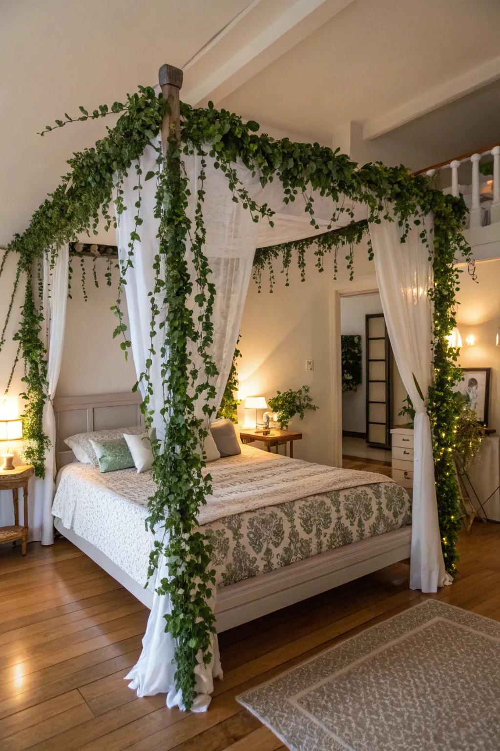 Transform your bedroom with a canopy bed adorned with vines.