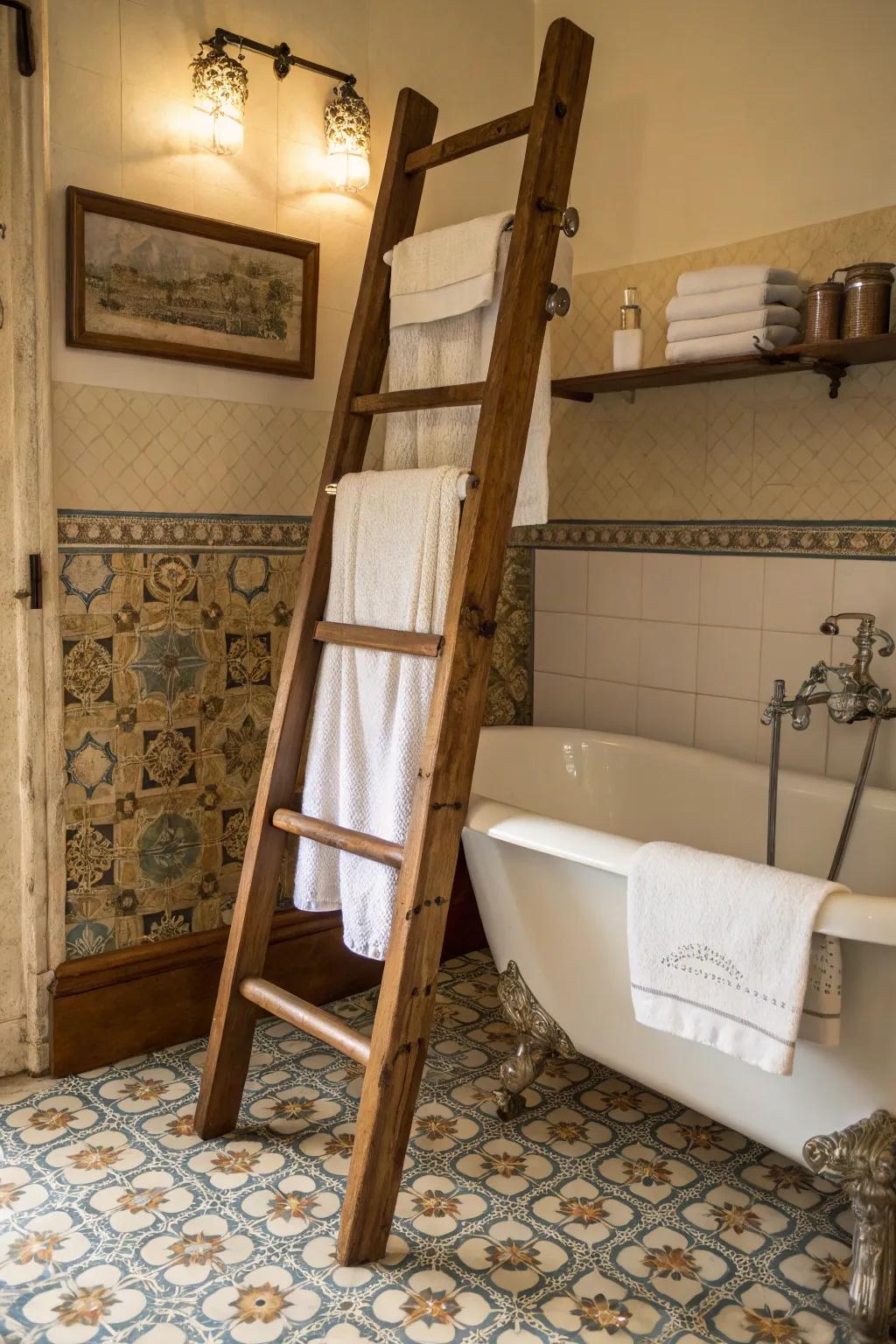 A classic ladder repurposed as an endearing towel rack.