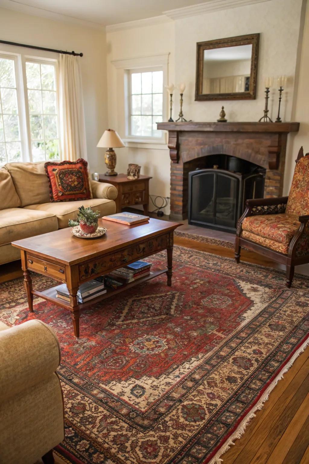 A cozy living room showcasing a Persian rug and vintage furniture.