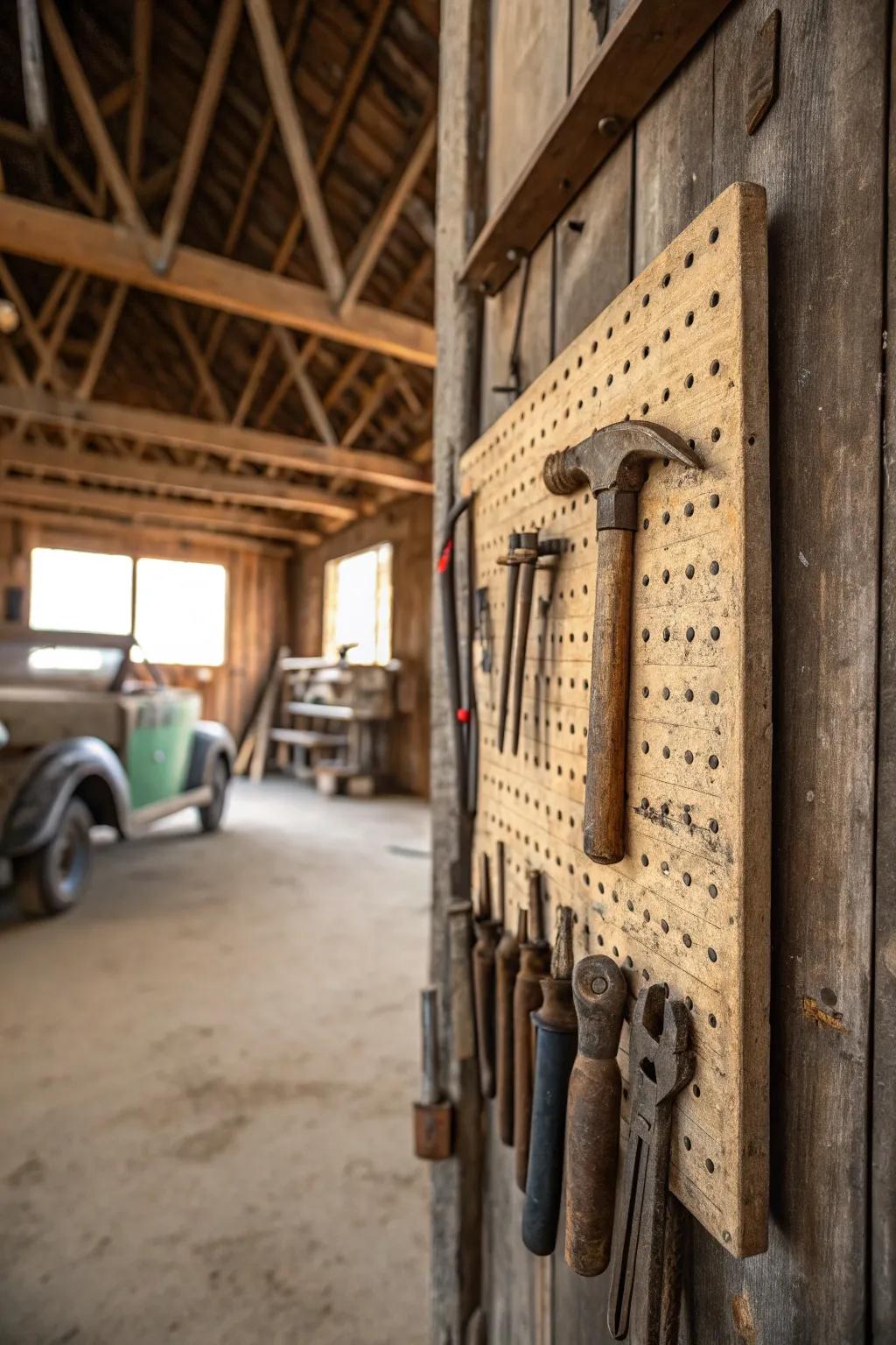Vintage implements append genuineness and allure to a garage.