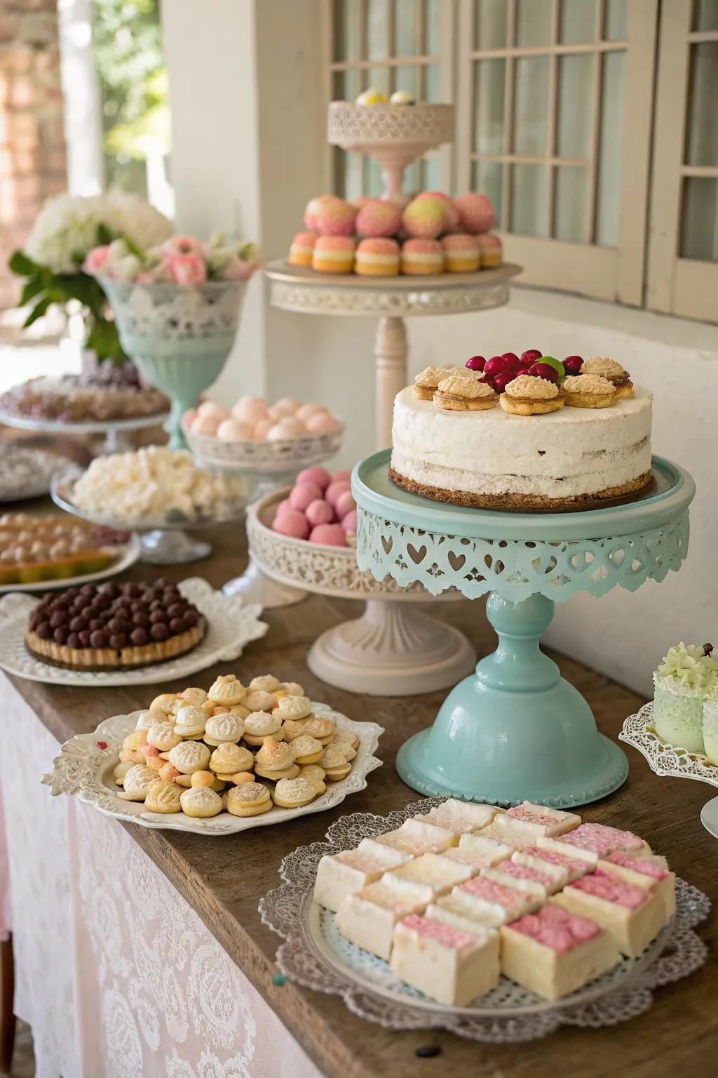 A delightful vintage dessert table with diverse sweet offerings.