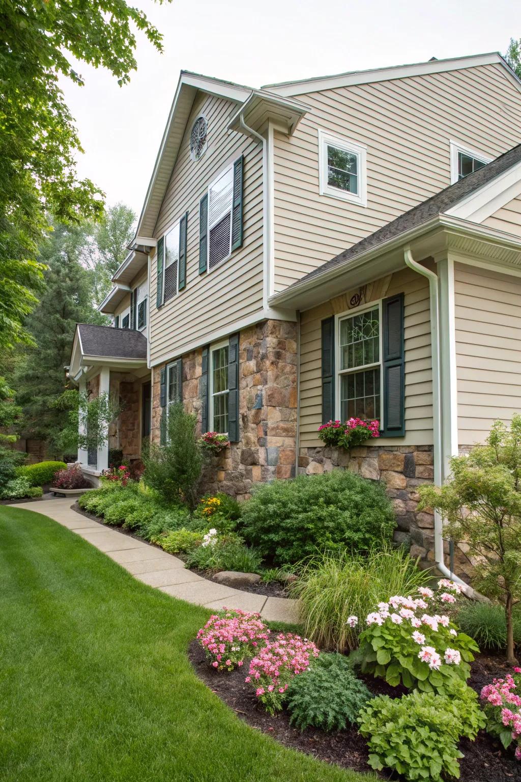 Fuse vinyl cladding with stone or brick to create a unique, inviting façade.