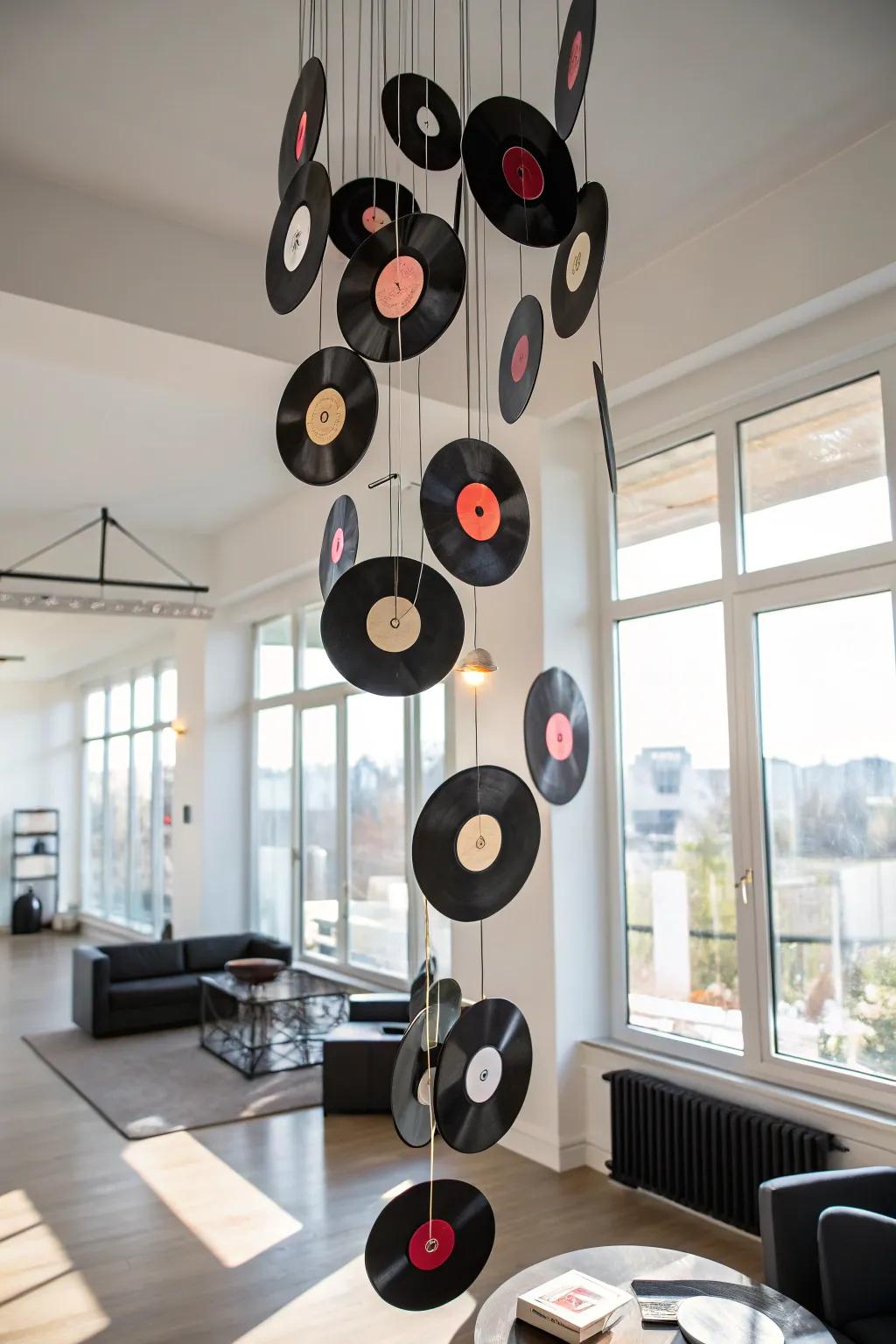Introduce a dynamic element to your room with a vinyl record mobile.