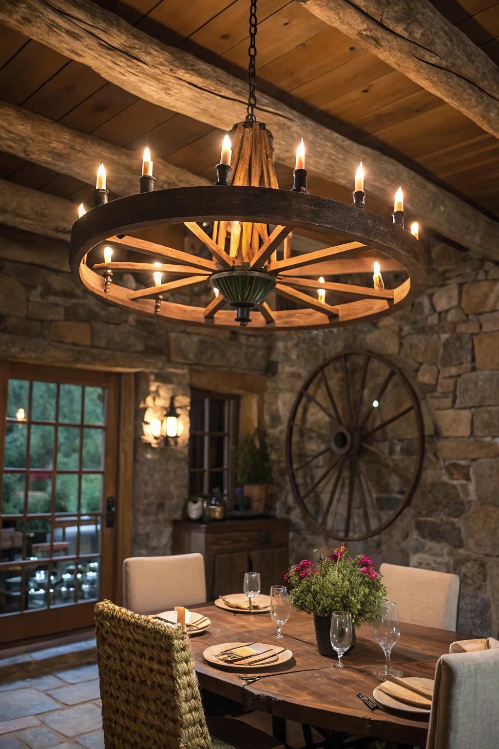 A wagon wheel transformed into an elegant chandelier above a dining table.