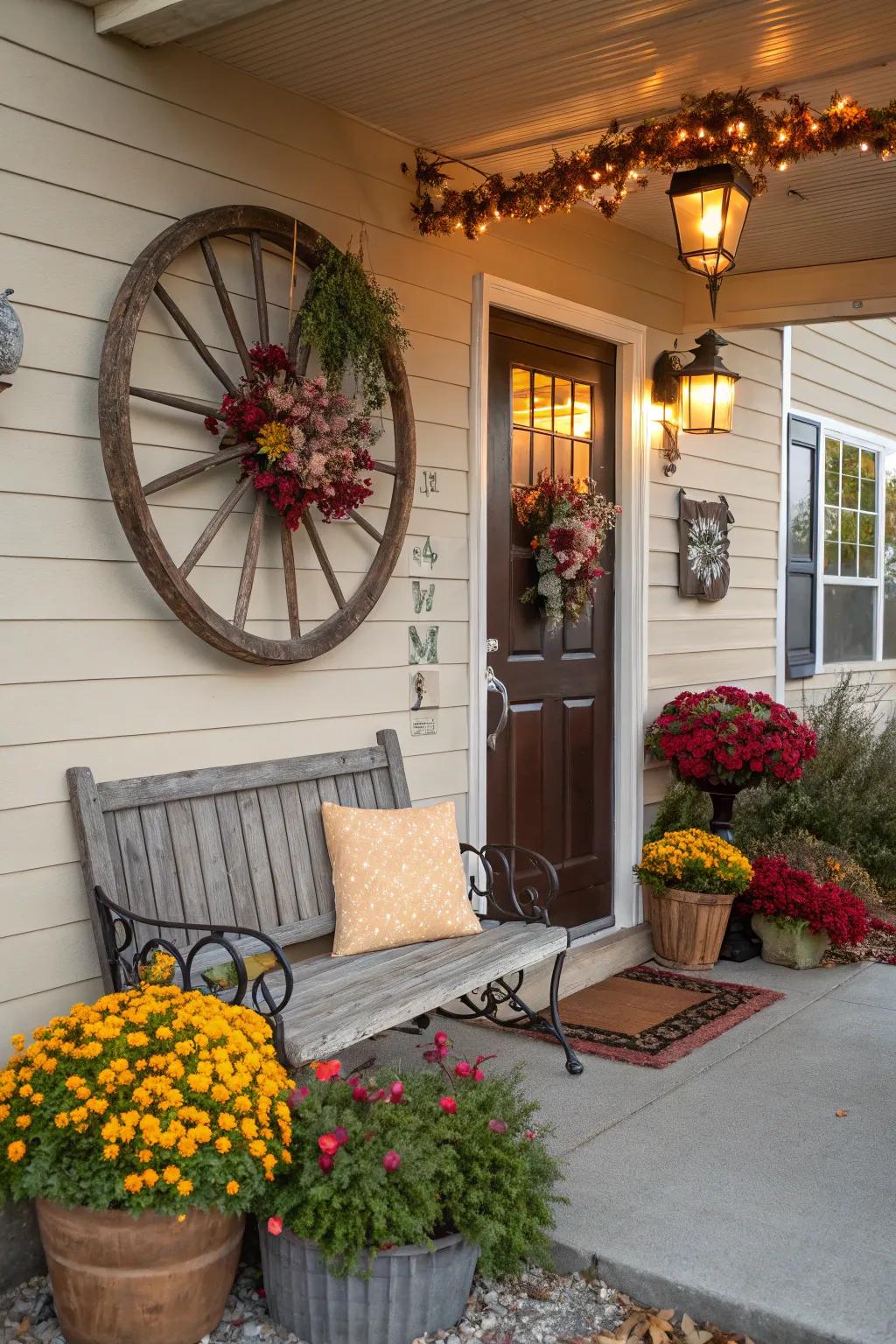 This charming entrance gains a welcoming touch from a cartwheel.