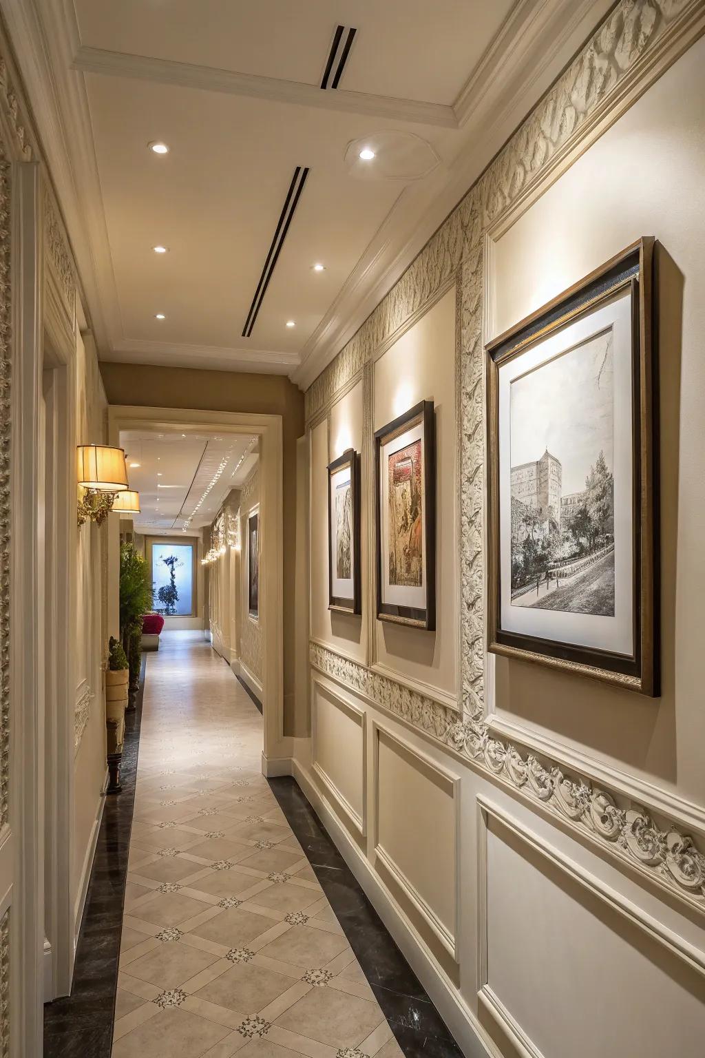 Turn your hallway into an art gallery with picture frame molding.