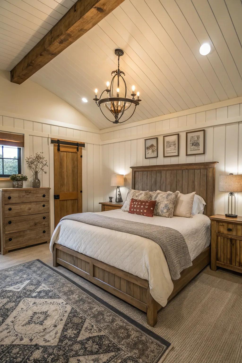 Plank bead paneling enriches any master bedroom with a touch of country charm.