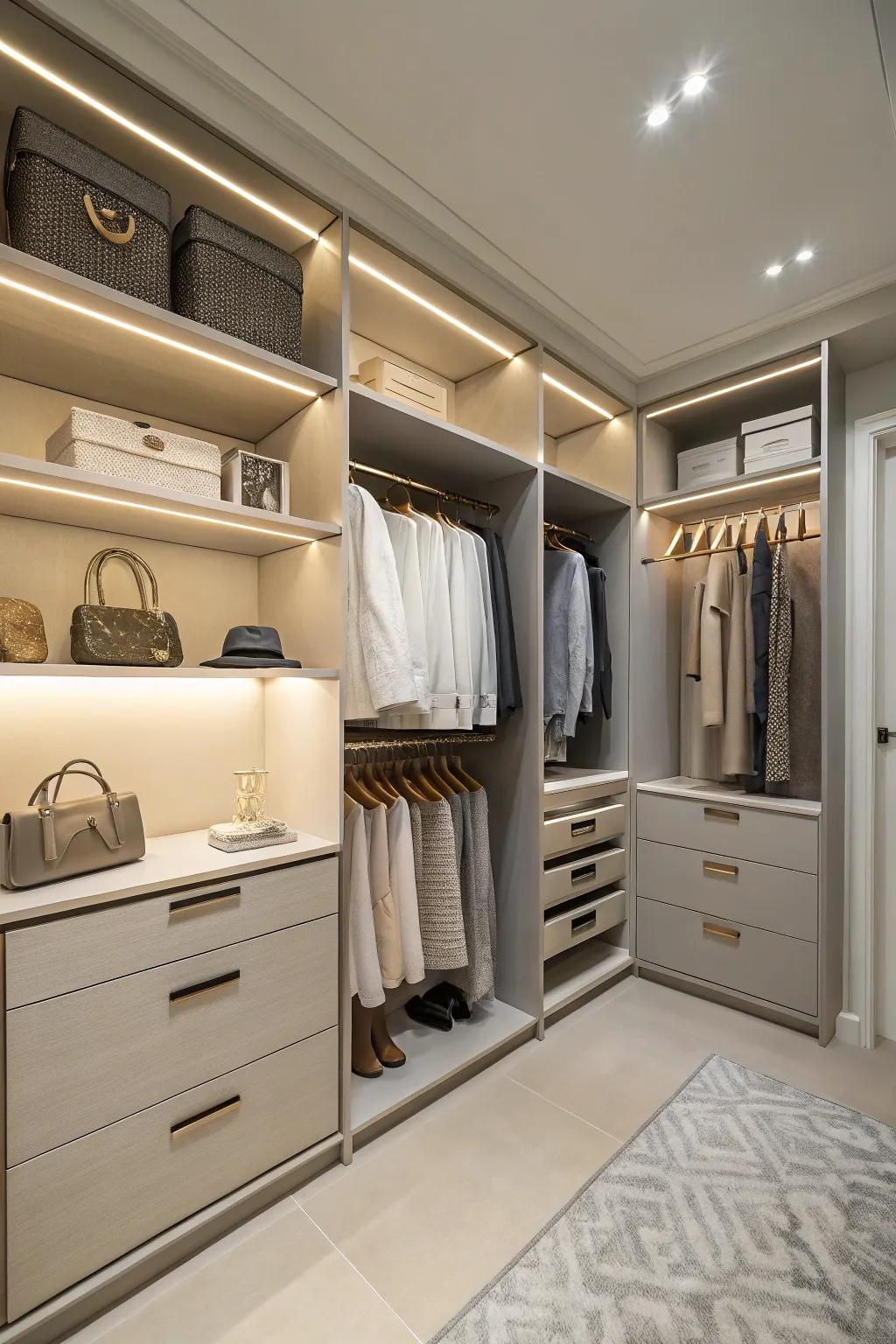 Gentle hues create a soothing and spacious feeling in the closet.