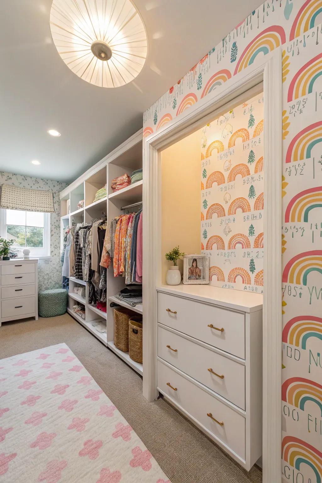 Adhesive wallpaper effortlessly brings in character.