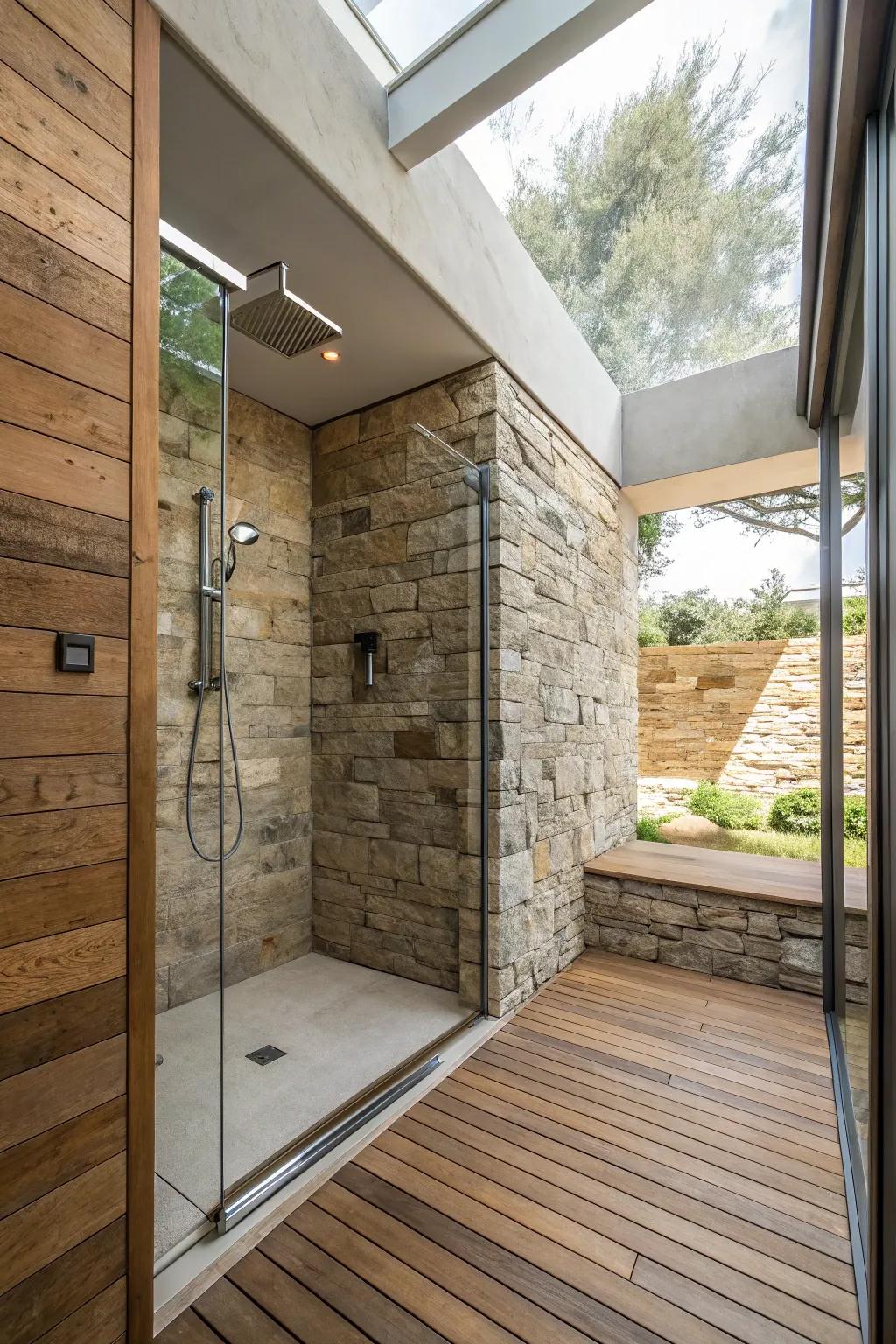 Nature-inspired elements impart a calming, earthy sensation to the bathroom.