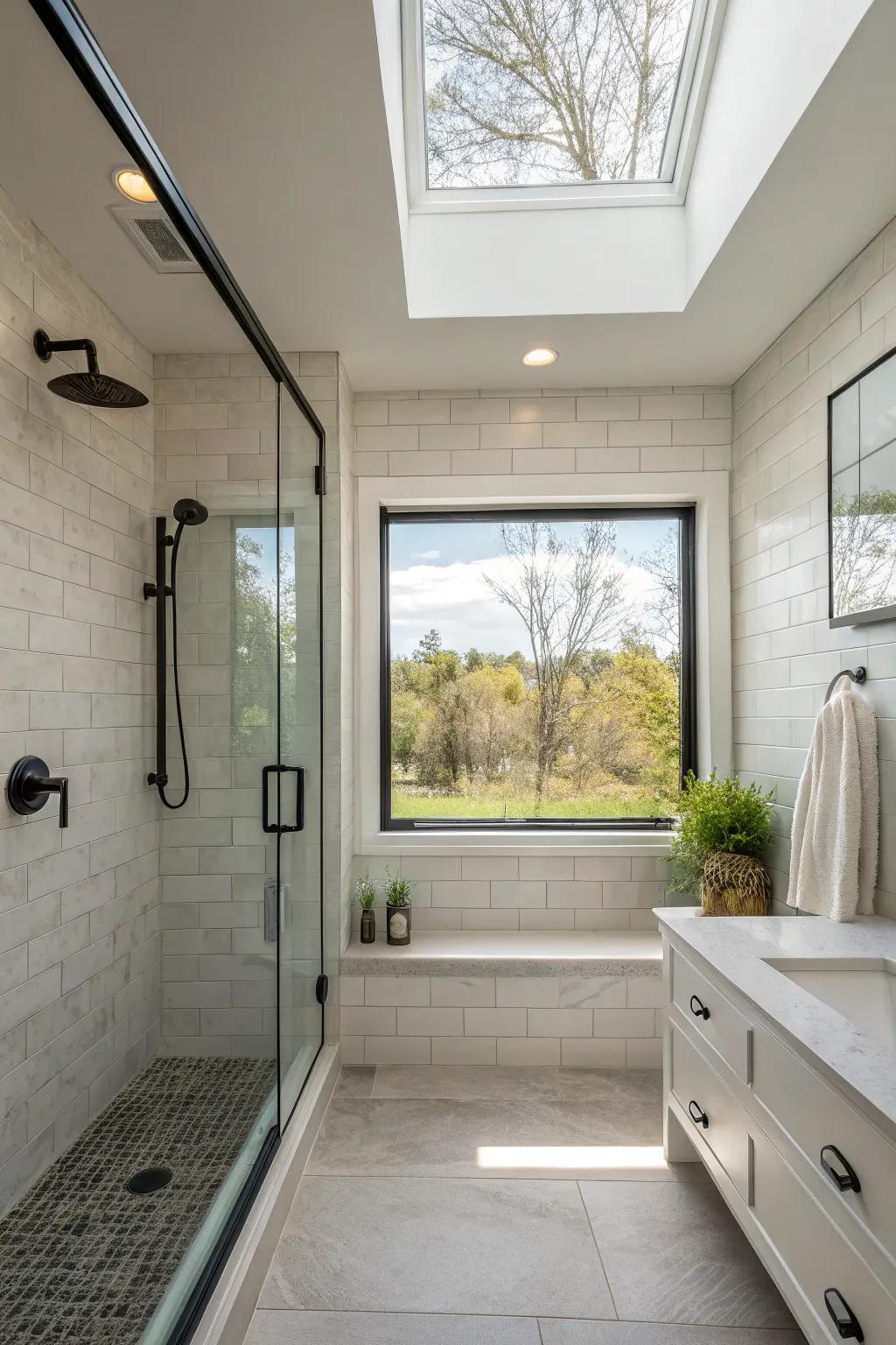 A fanlight in a walk-in shower, adding elegance without impacting privacy.