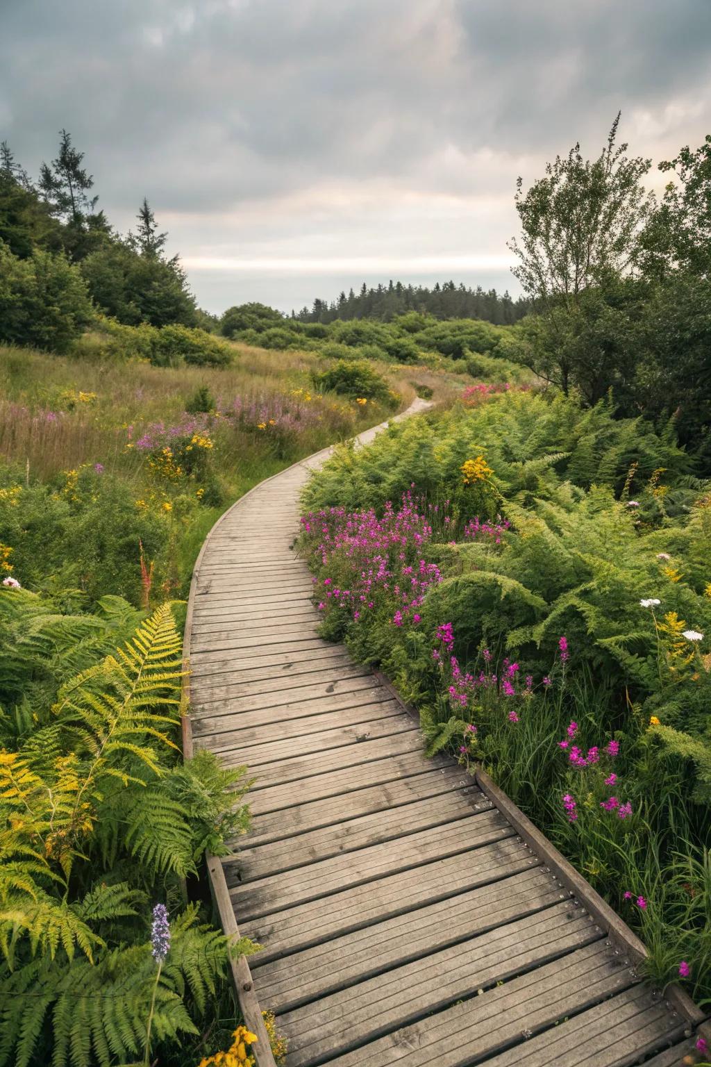 Wooden walkways infuse gardens with warmth and rustic appeal.
