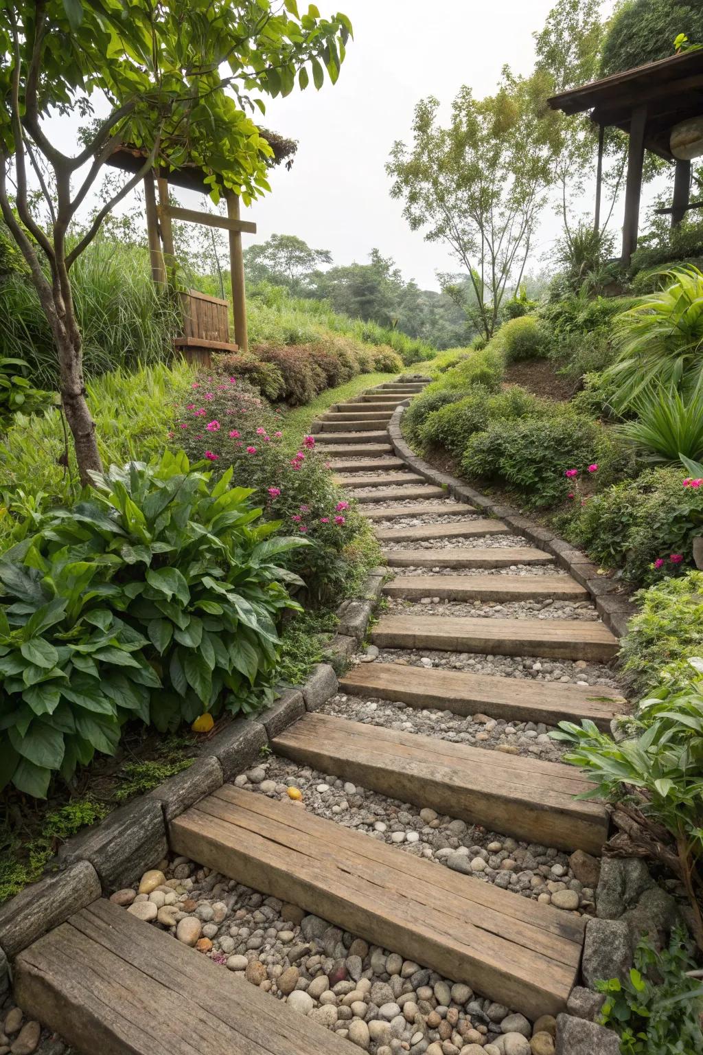 Elevated steps add a dramatic touch to any garden walkway.