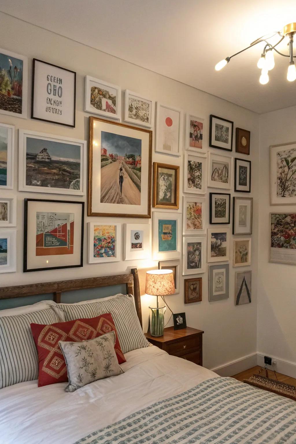 Gallery walls offer a dynamic and personalized art display in your bedroom.