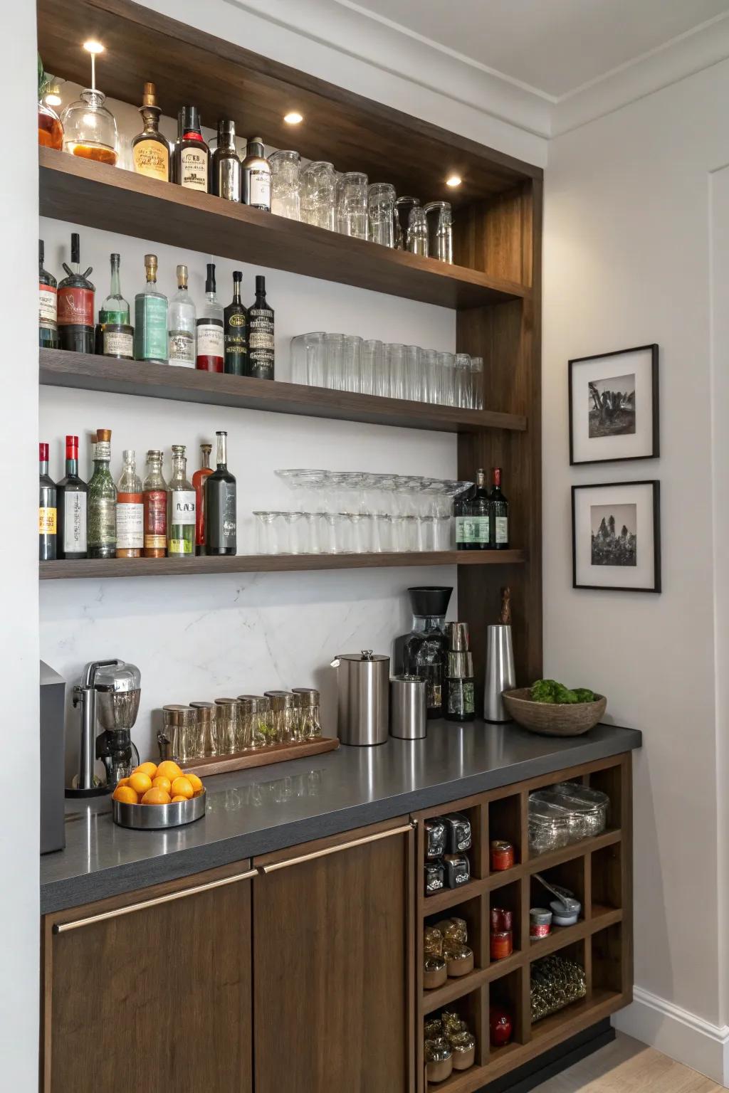 A small bar corner maximizes space while offering all necessities.