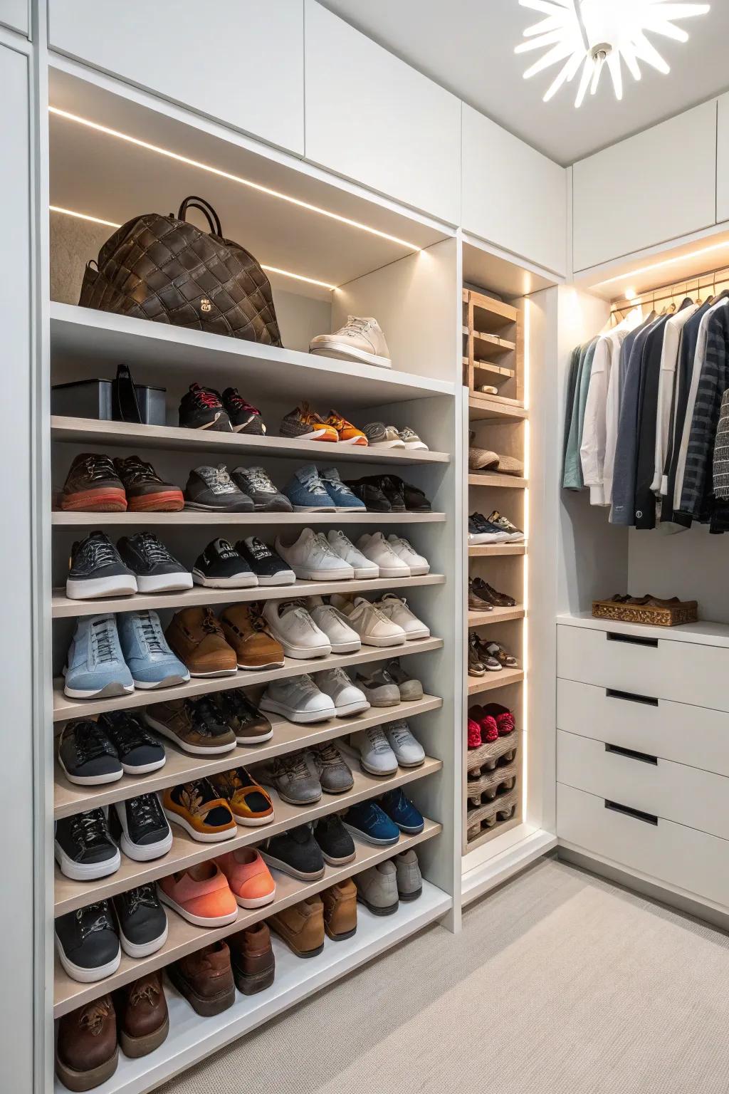 For an organized look, create a shoe storage area inside of a wall closet.