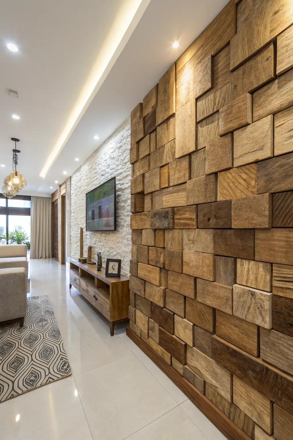 Three-dimensional wooden wall art.
