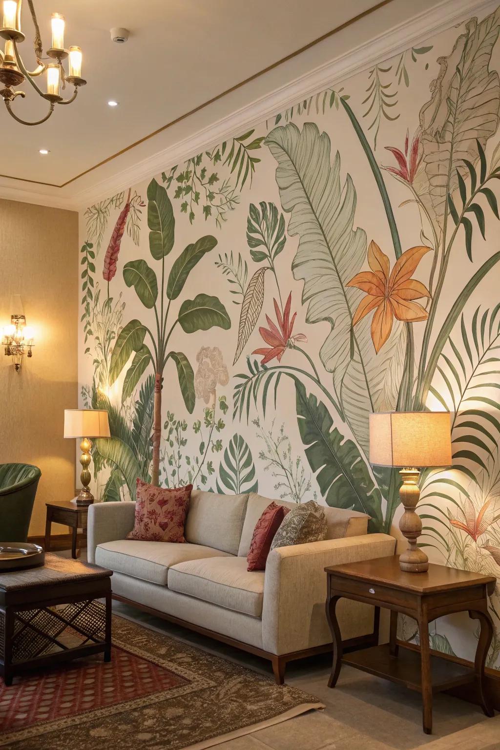 Appreciate nature indoors by using a vibrant botanical mural.
