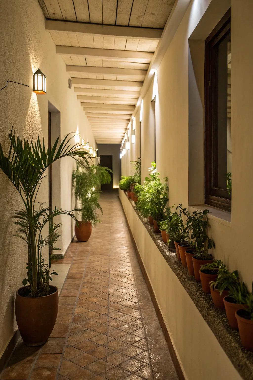 Potted plants on ledges create a charming corridor of greenery.