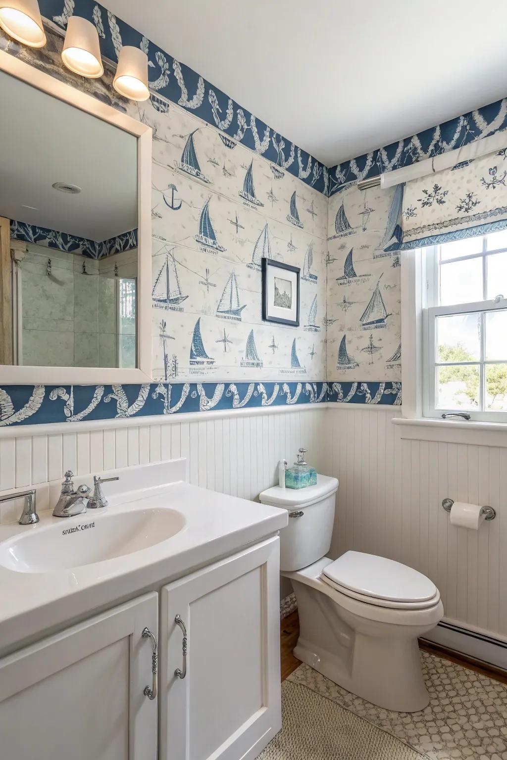 A bathroom transformed into a seaside retreat with a coastal wallpaper border.