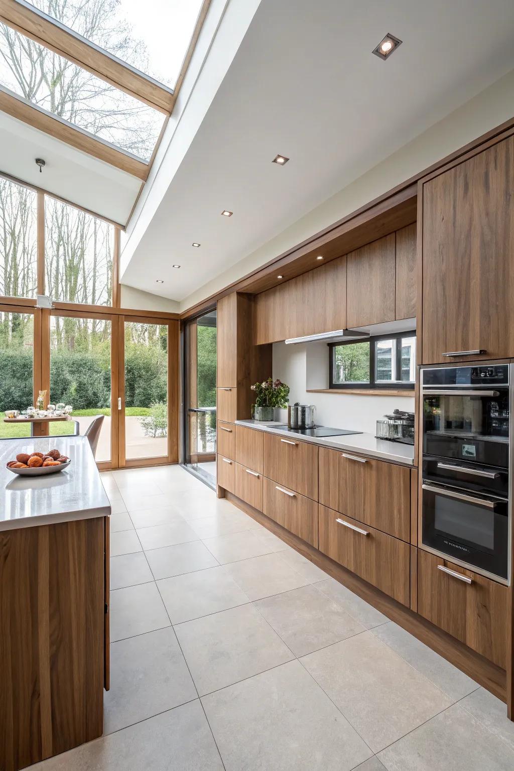 Open-concept layouts enhance the sophistication of darkwood cabinets.