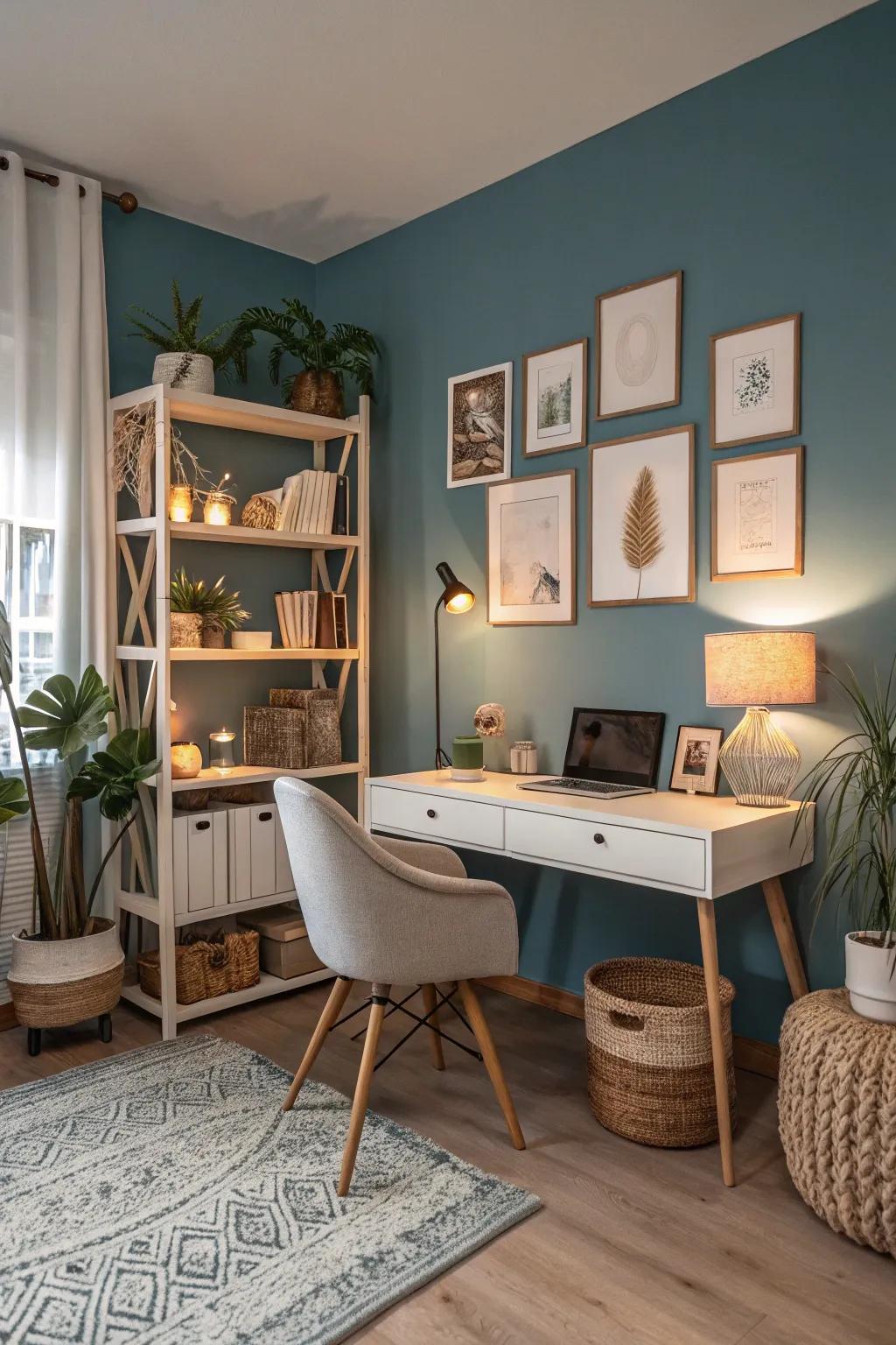 Achieve equilibrium with harmonious palette blends of gentle cerulean, neutral tones, and greys.