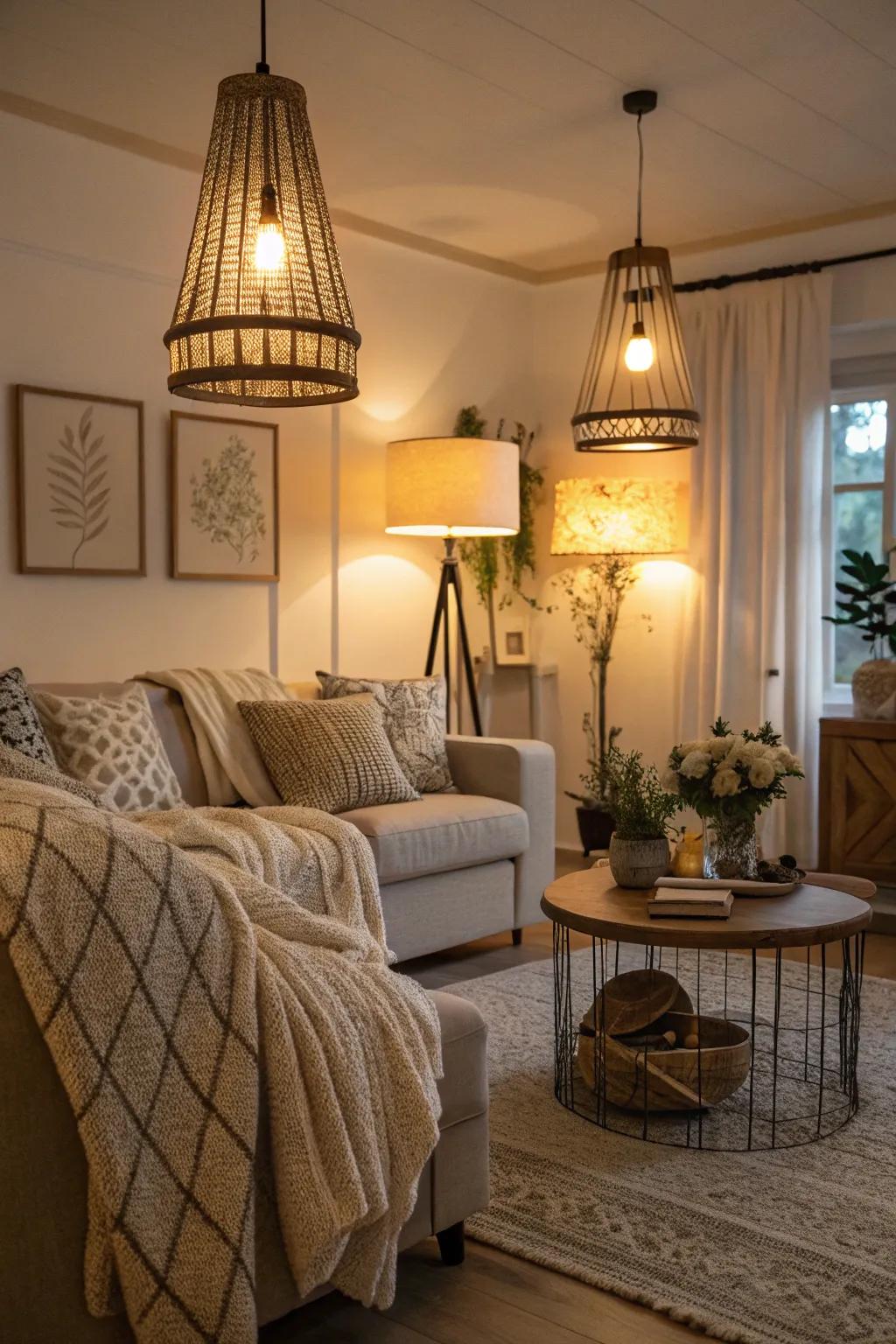 The snug ambiance of a neutral living area is greatly enhanced by warm lighting.