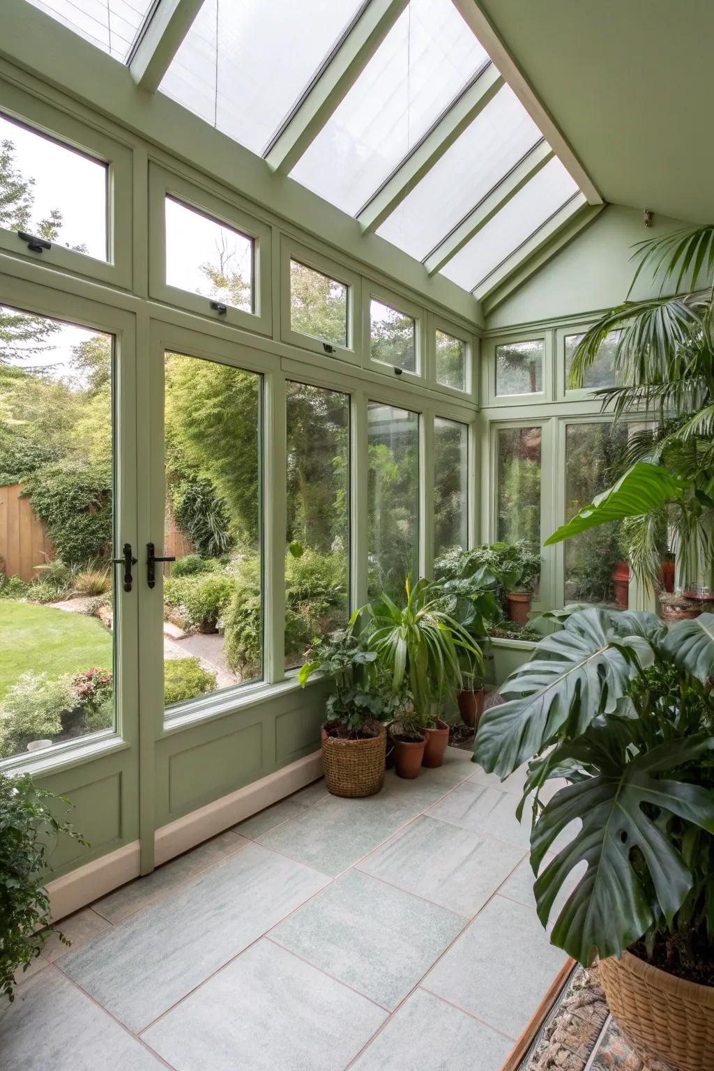 A soothing herbal green sunroom, smoothly merging with the outdoors.