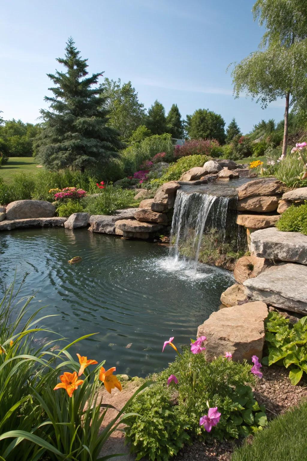 A cascade pouring into a pond introduces serenity and draws wildlife.