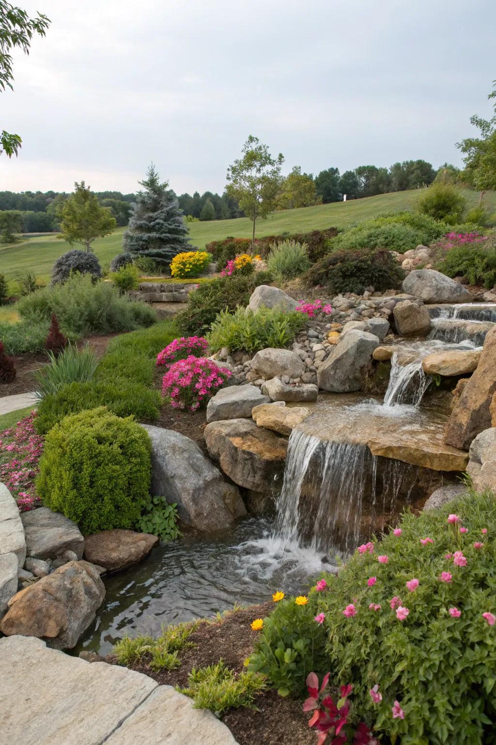 A basin-free water feature offers beauty with minimal maintenance.