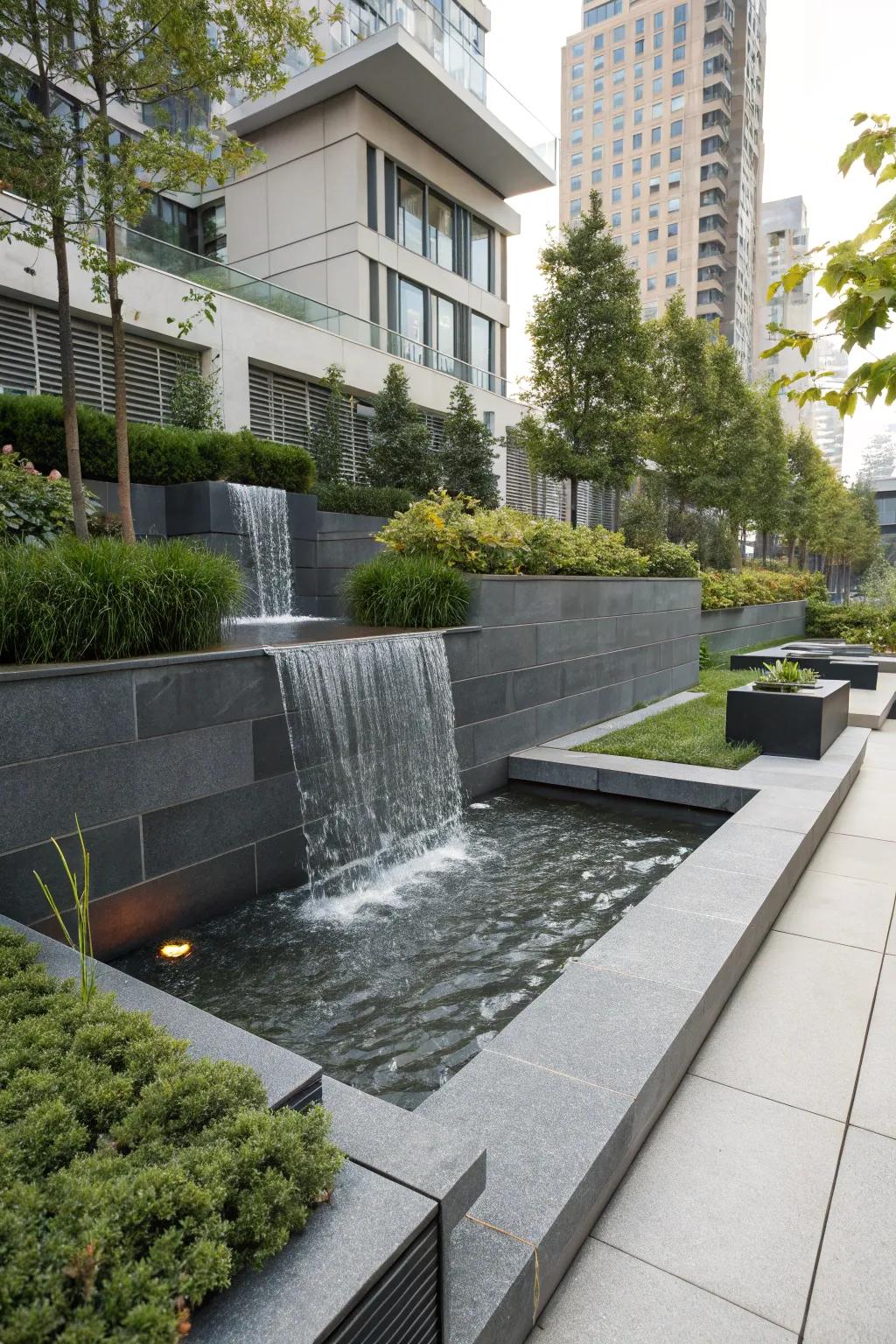 A modern water feature showcasing streamlined rocks in an urban garden.