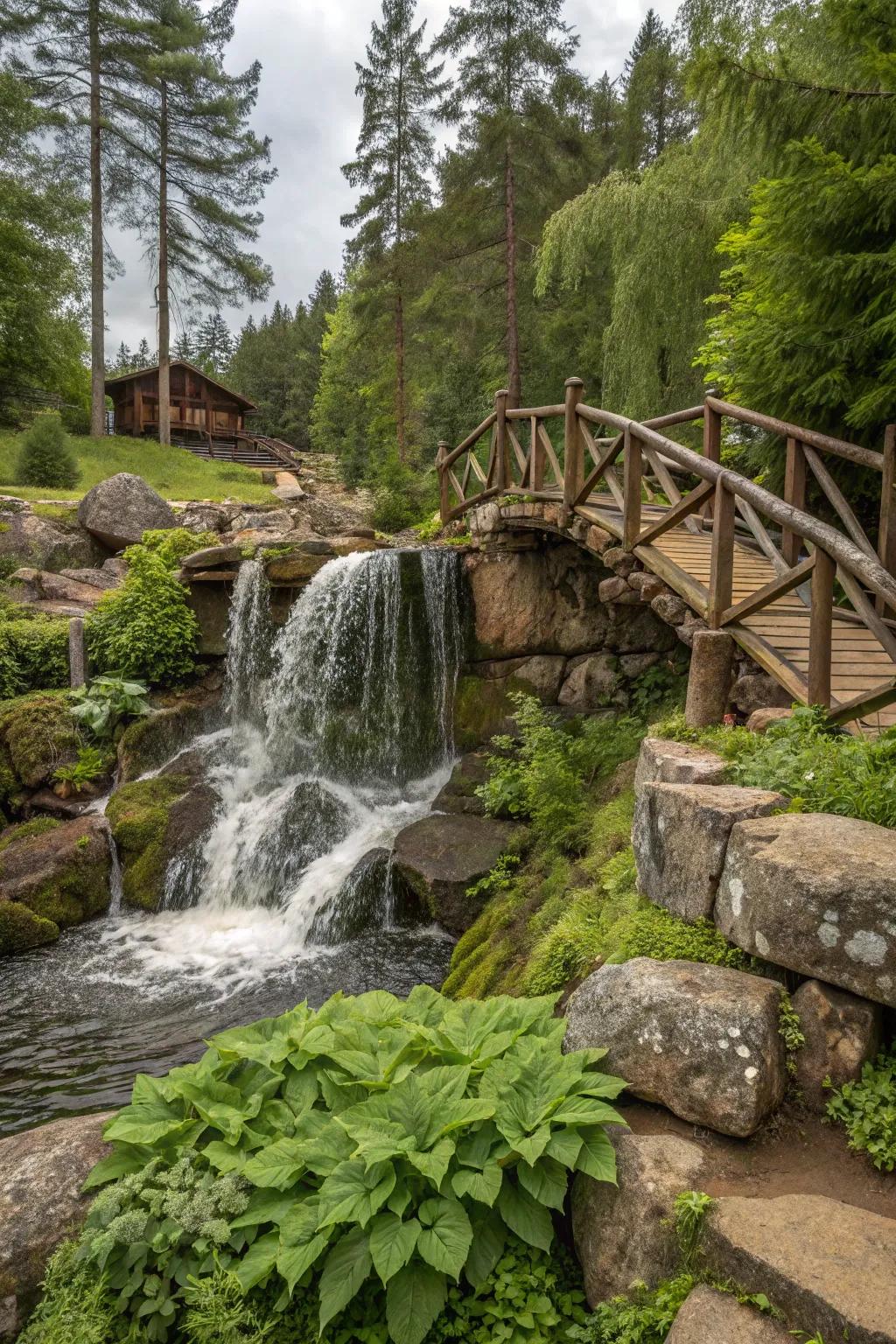 A countryside waterfall with a wooden footbridge offers a charming getaway.