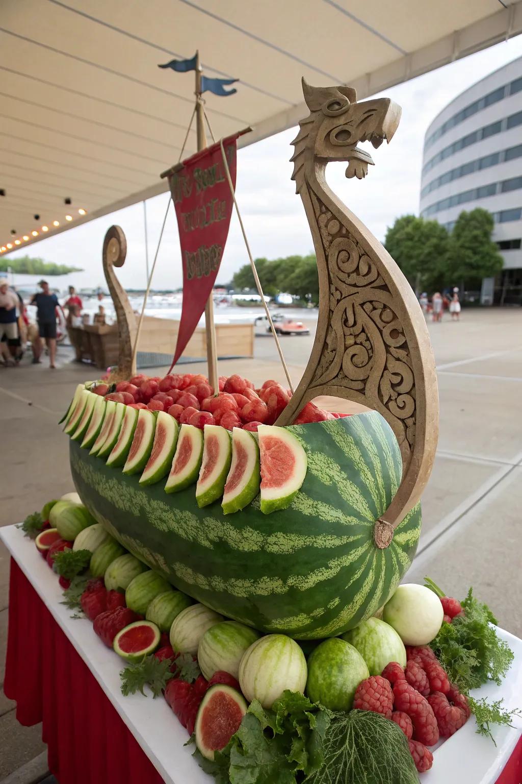 A Viking longboat sculpted out of melon and displaying melon ball shields.