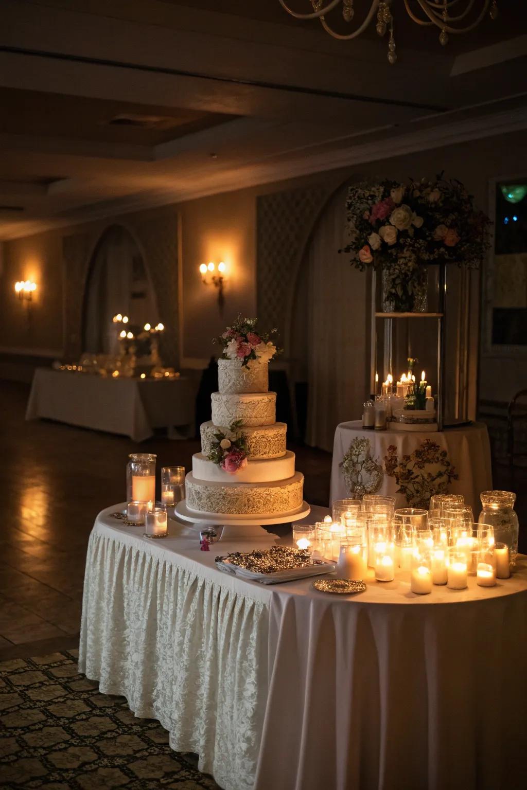 A wedding cake arrangement enhanced by the warm glow of candlelight.