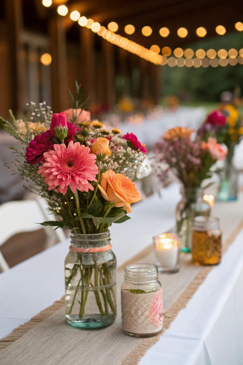 Mason jars filled with flowers add a vintage touch to the wedding table.