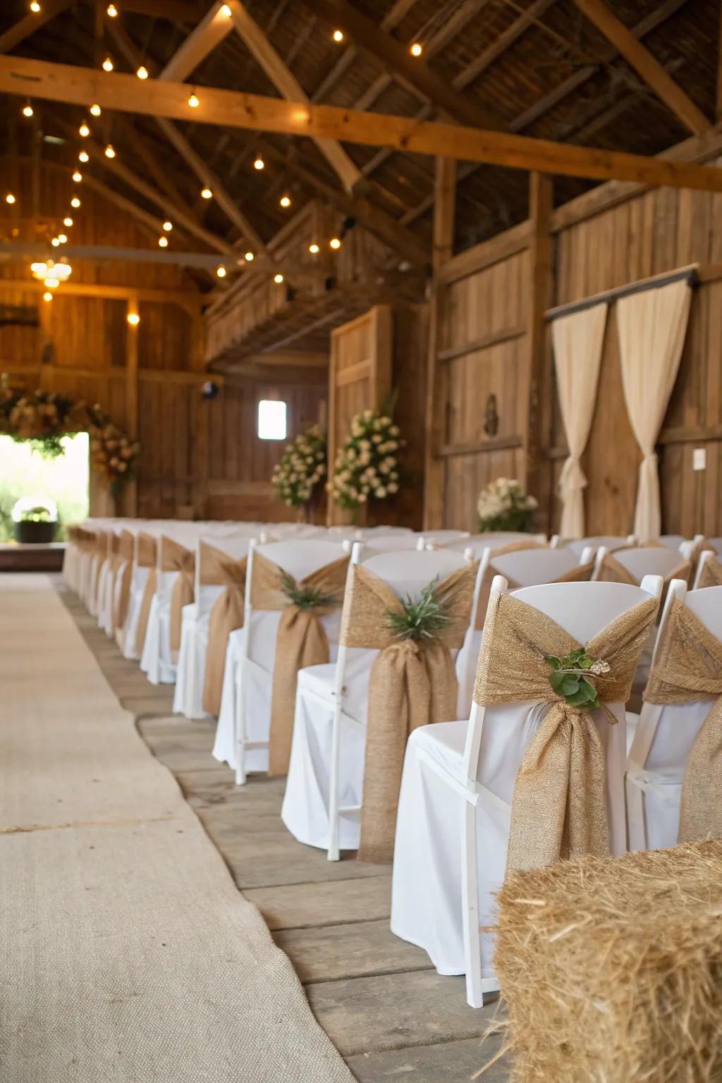 Fiber weave covers impart a countryside appeal to pastoral weddings.