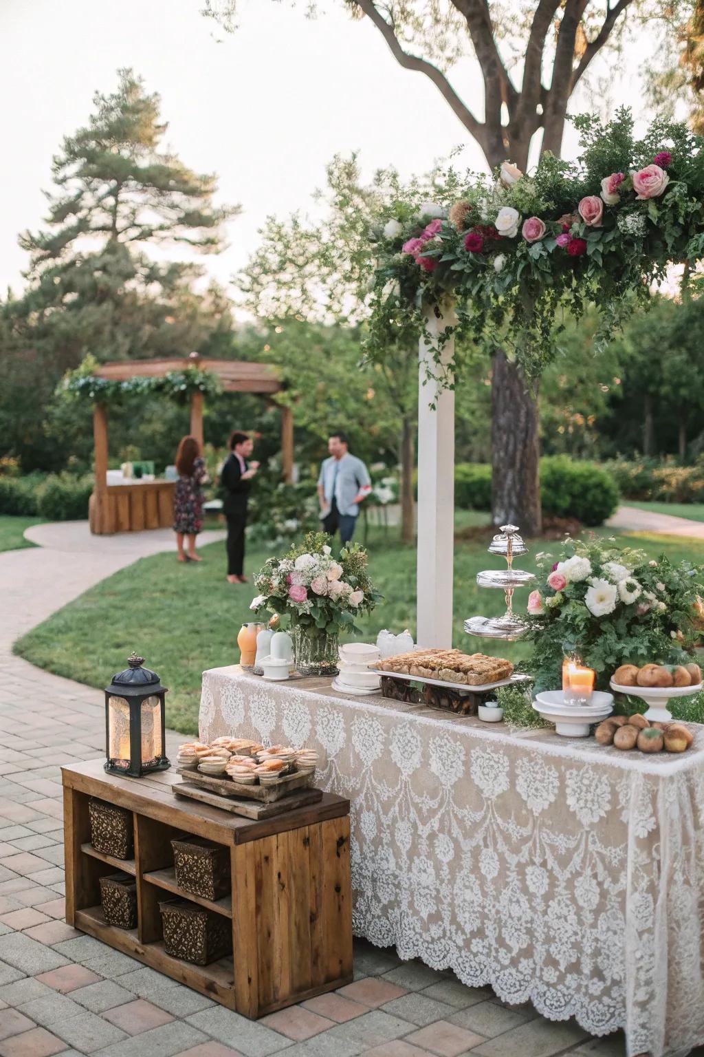 A wedding coffee corner nestled in a scenic garden.