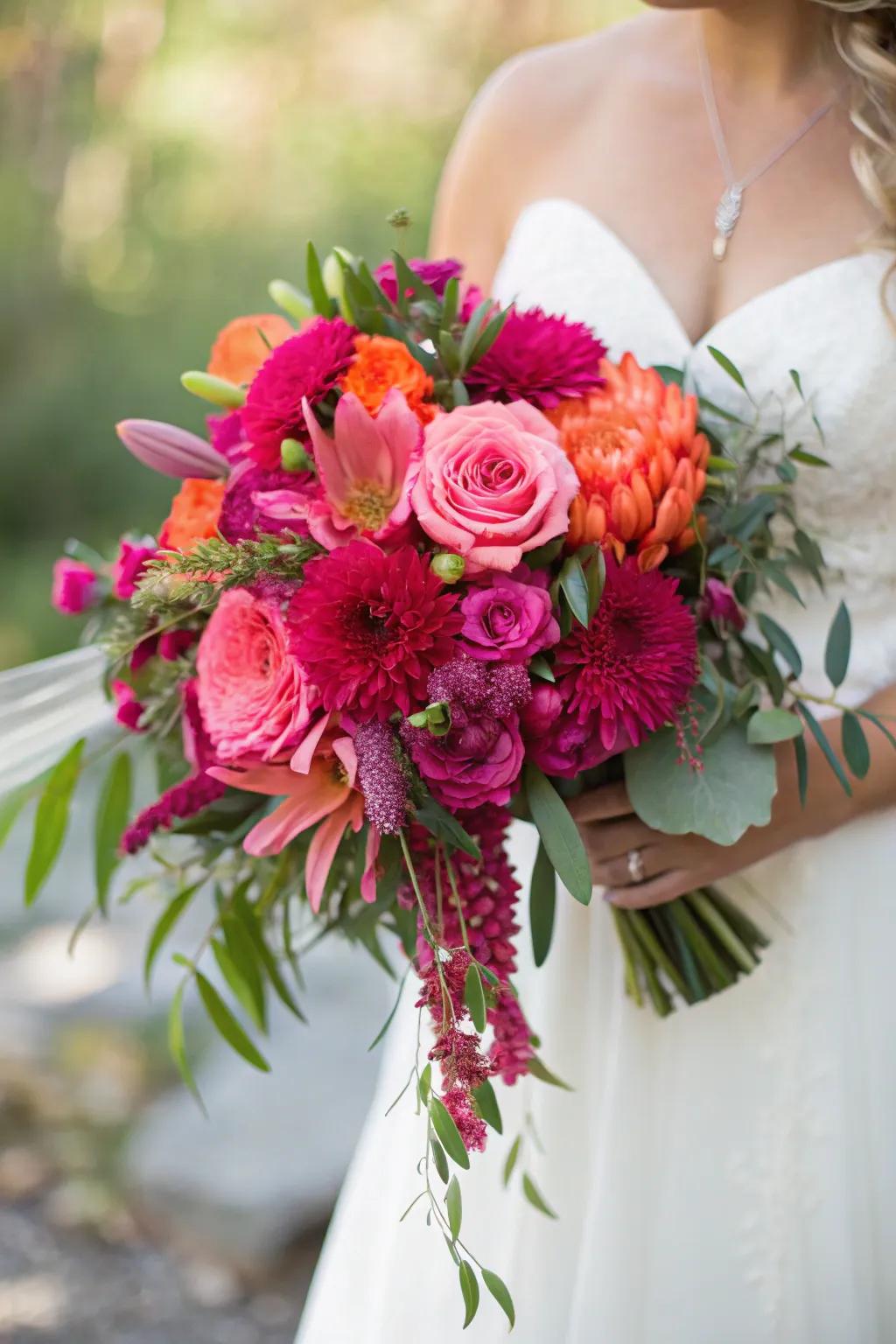 A lively bouquet showcasing vibrant fuchsia and coral tones