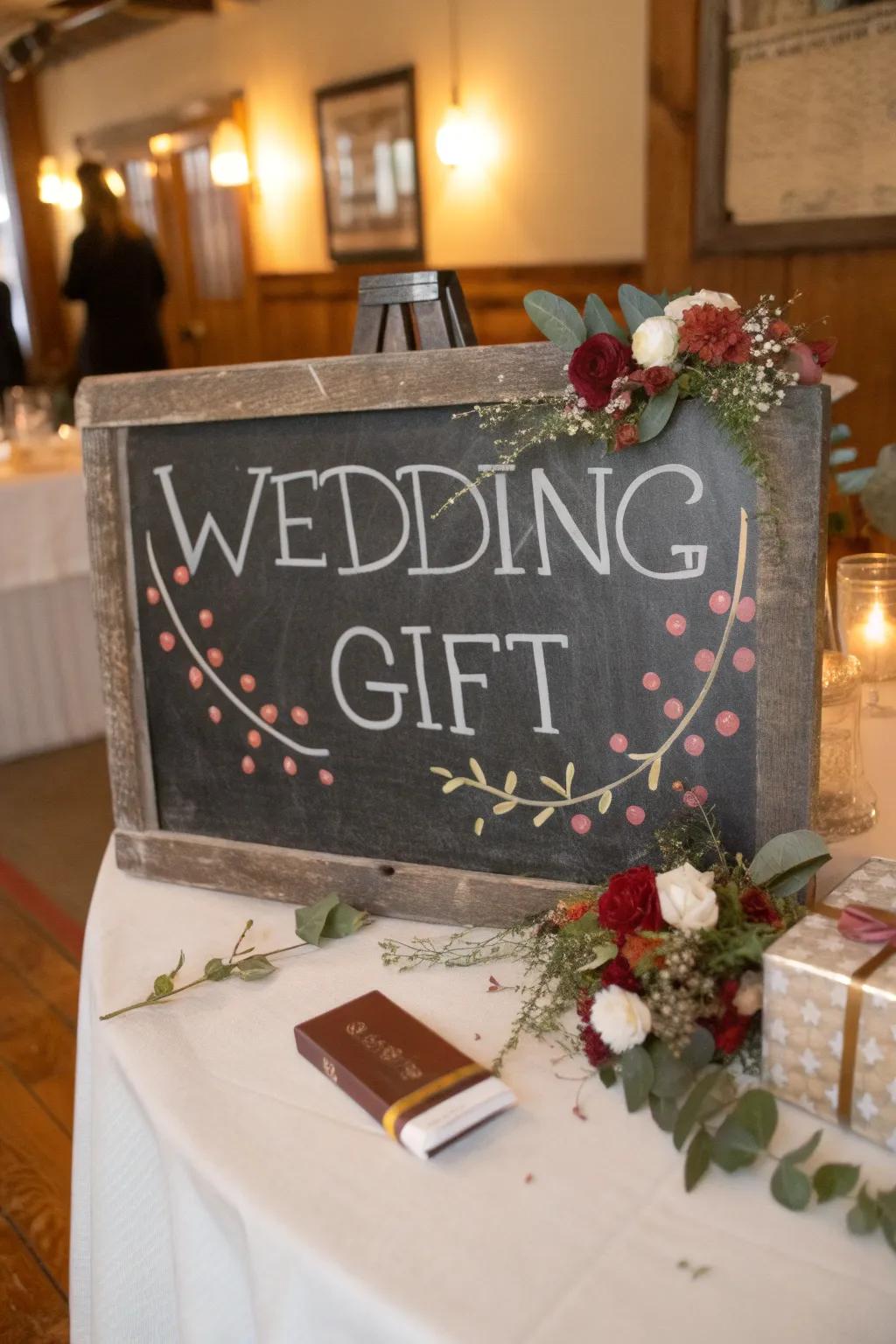 A flexible slateboard display for wedding gifts.