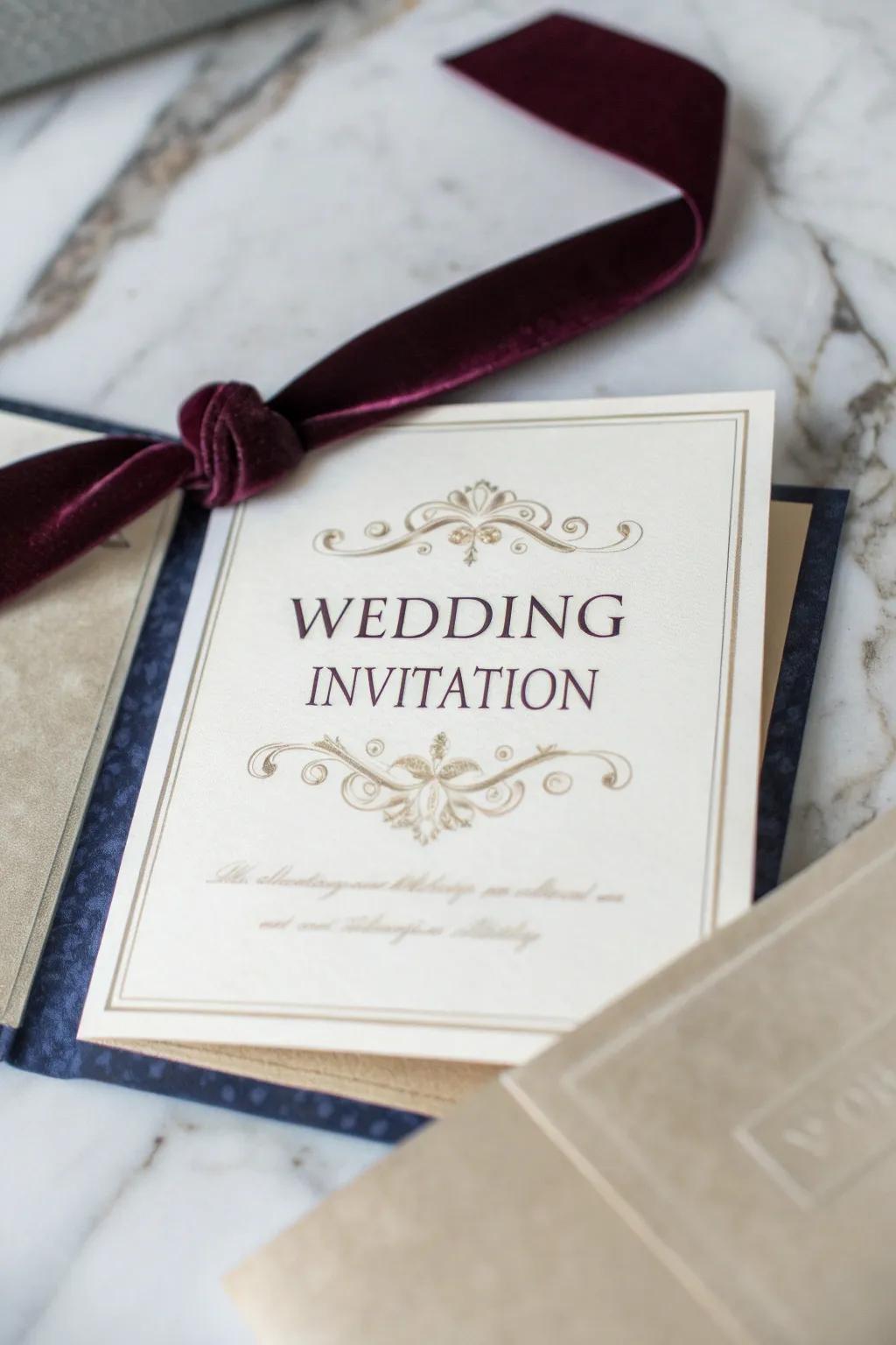 A wedding invitation with a plush velvet ribbon accent.