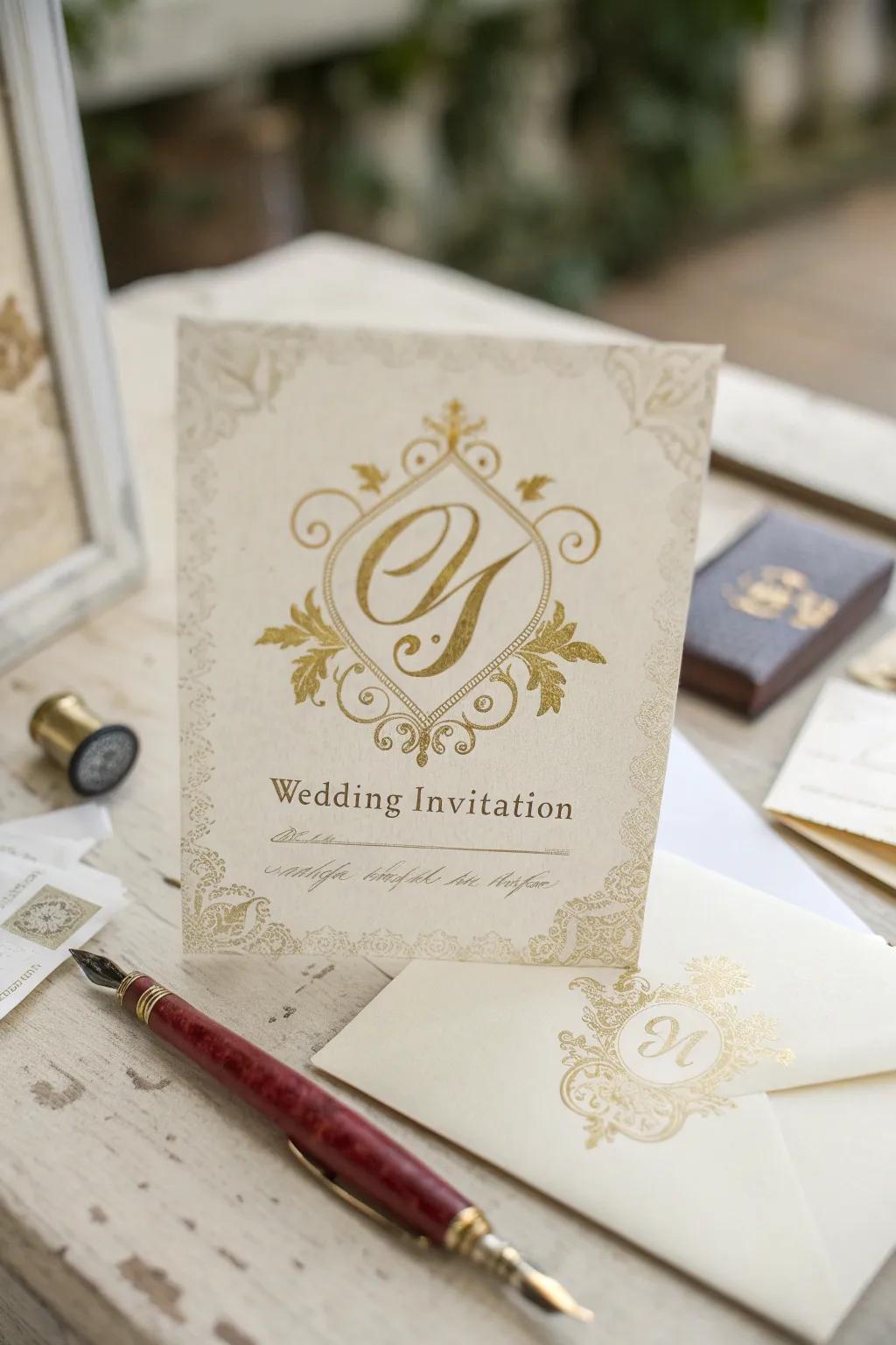Wedding invitation featuring a personalized monogram, injecting a unique touch.