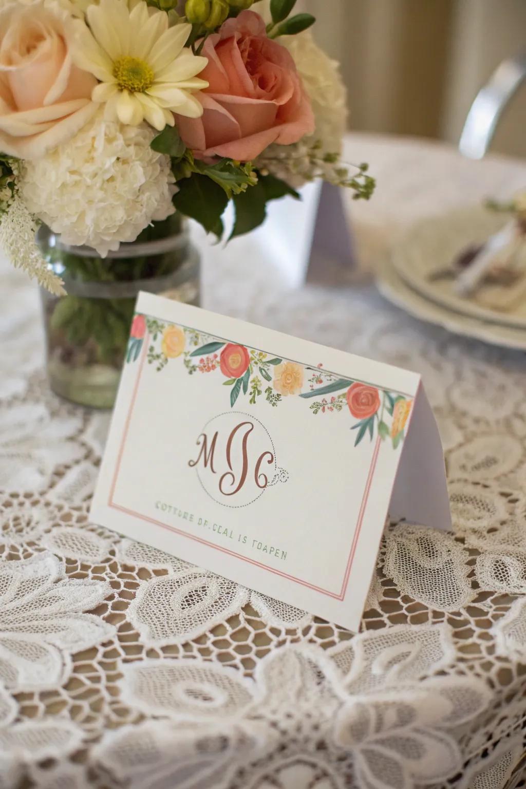 Customized registry note with monogram and themed colors.