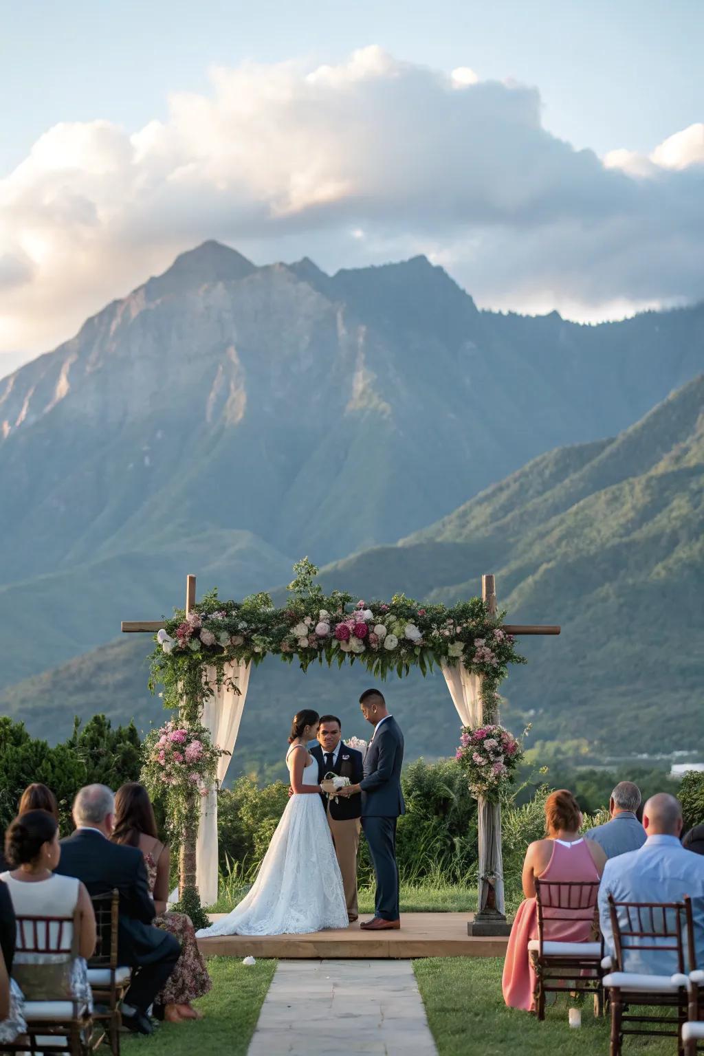 An enchanting wedding ceremony set against the backdrop of a majestic mountain range.